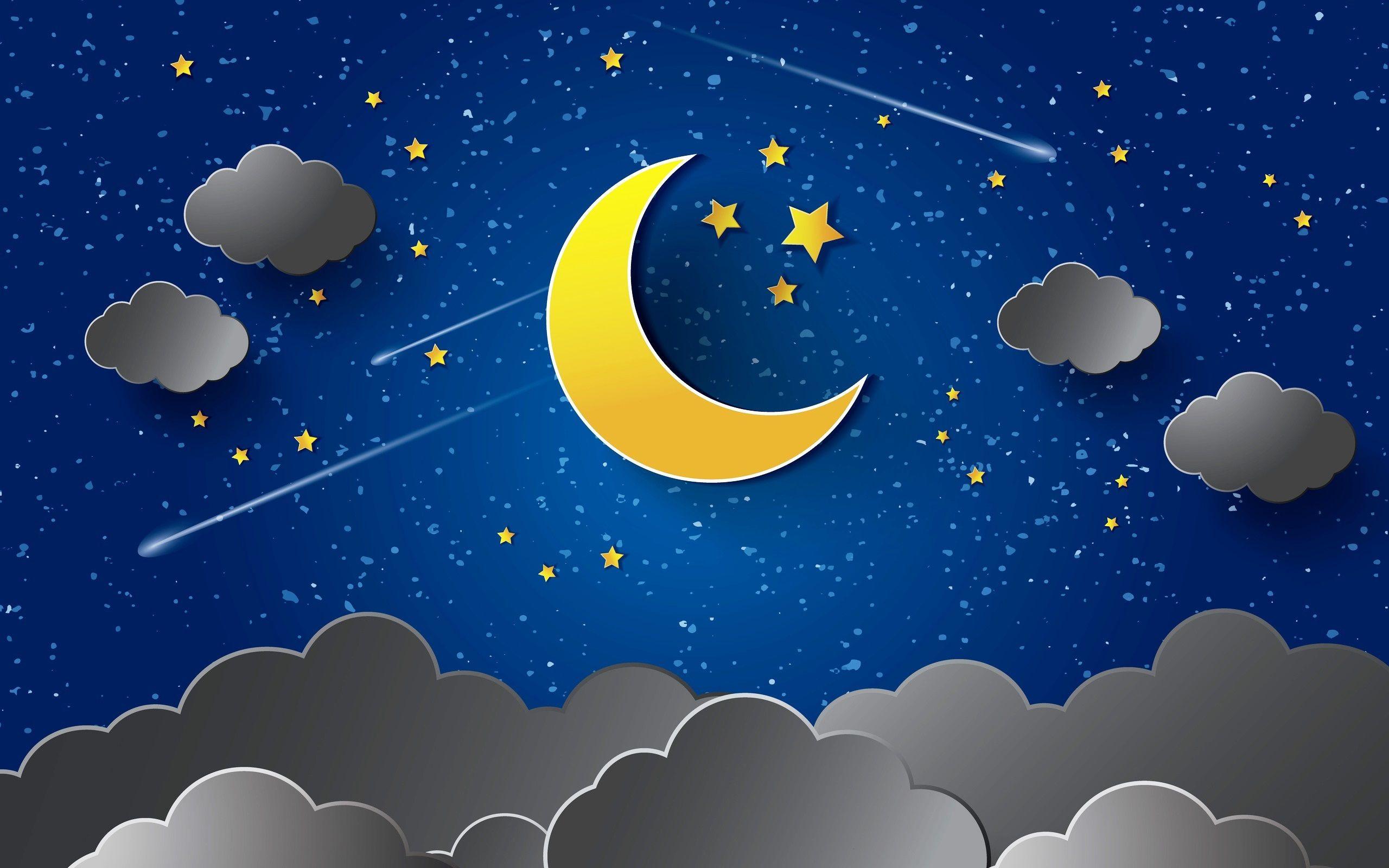 dark grey clouds half moon stars in night painting hd photo wide