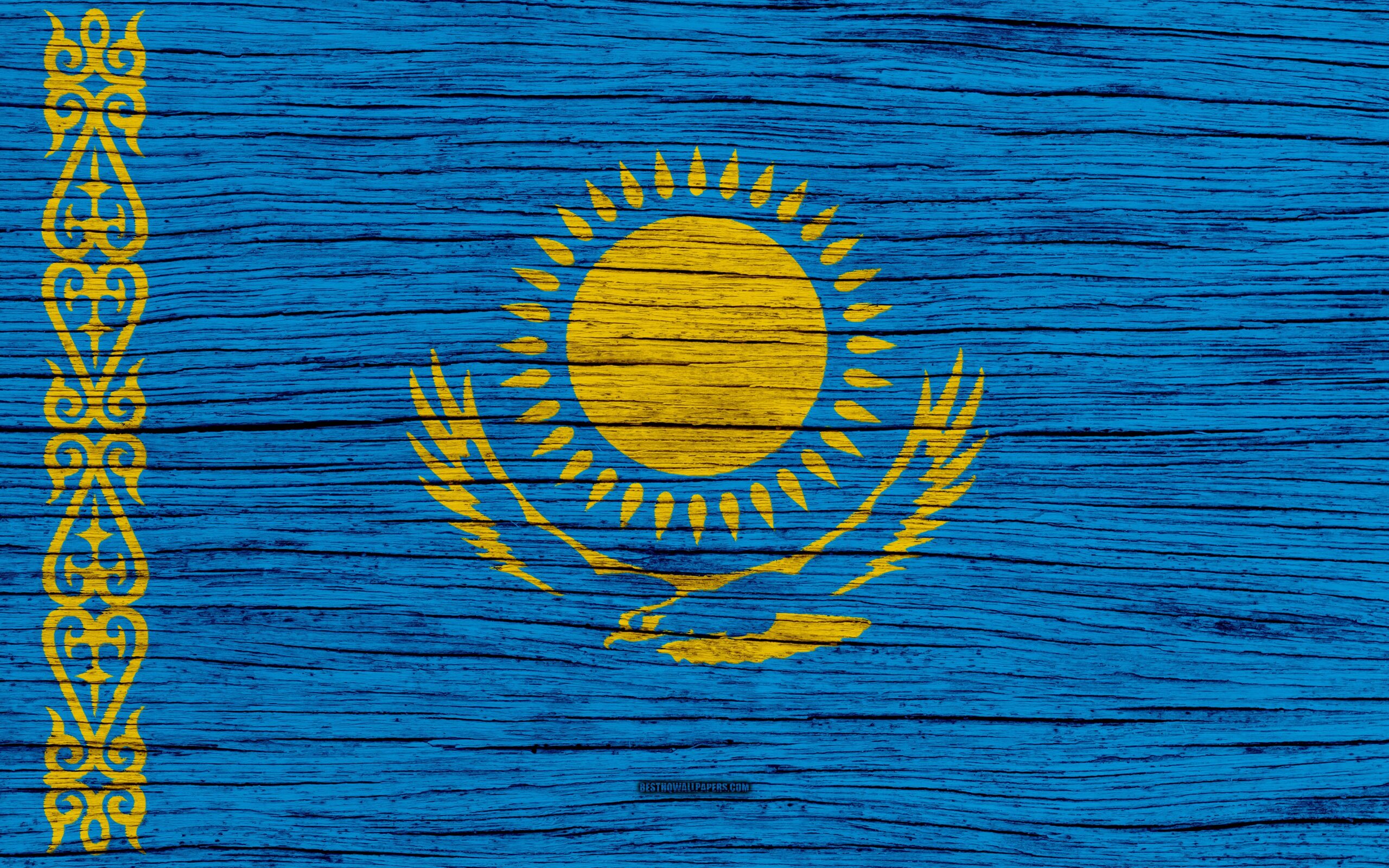 Download wallpapers Flag of Kazakhstan, 4k, Asia, wooden texture