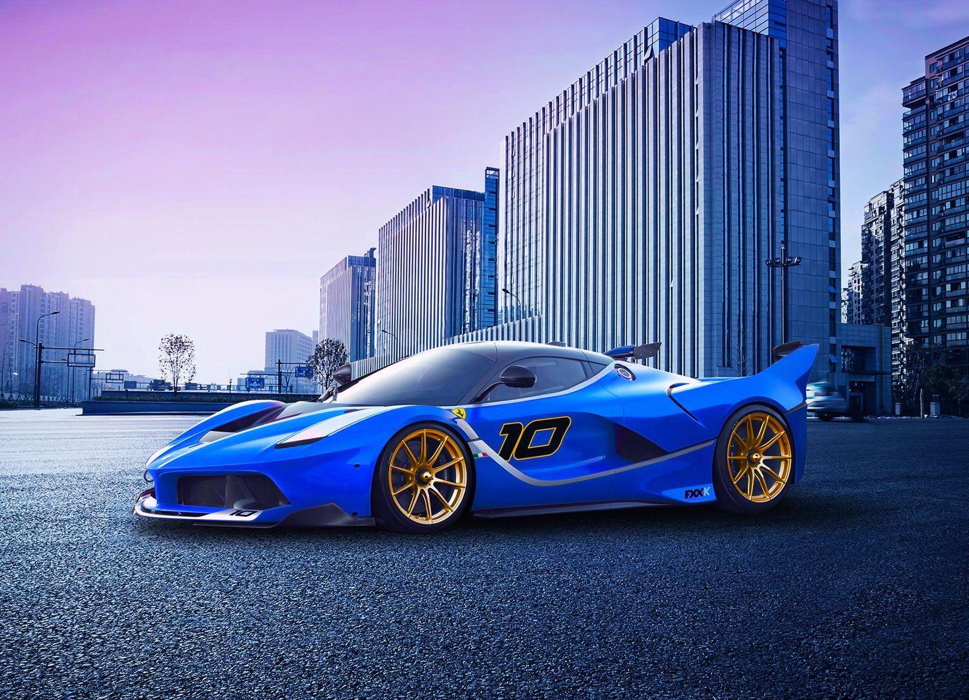 ferrari fxx k race supercar blue city sunset purple pink front HD