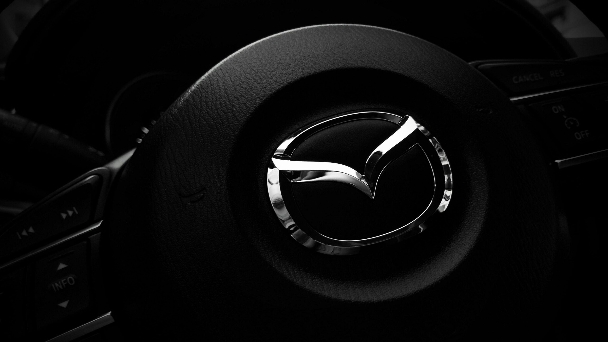 Download wallpapers mazda, steering wheel, logo 4k uhd 16:9