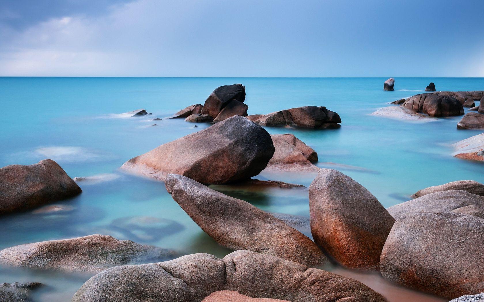 Download wallpapers sea, stones, water, smooth surface hd