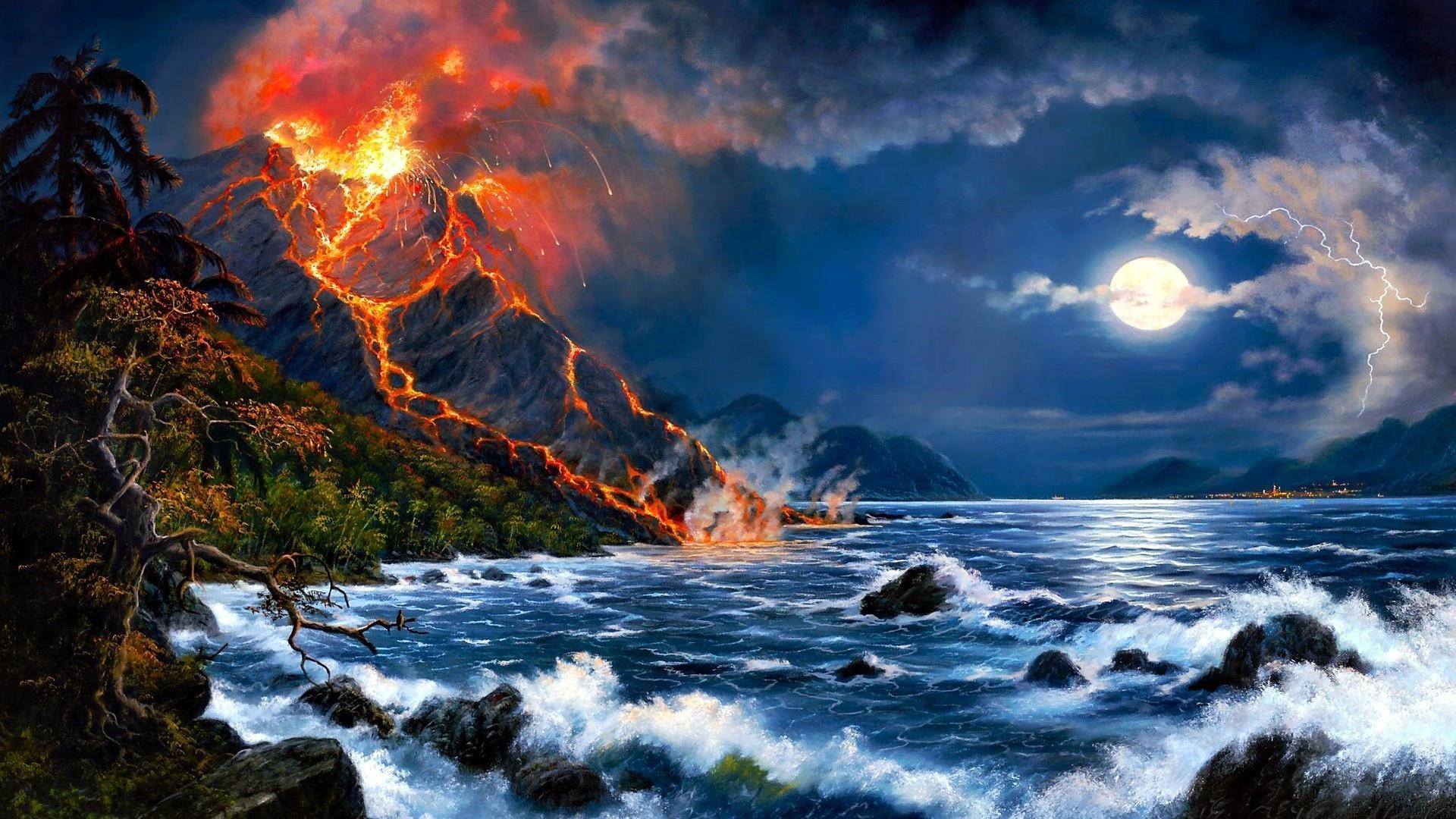 Erupting Volcano Oil Painting Art Picture Image Wallpapers HD Free