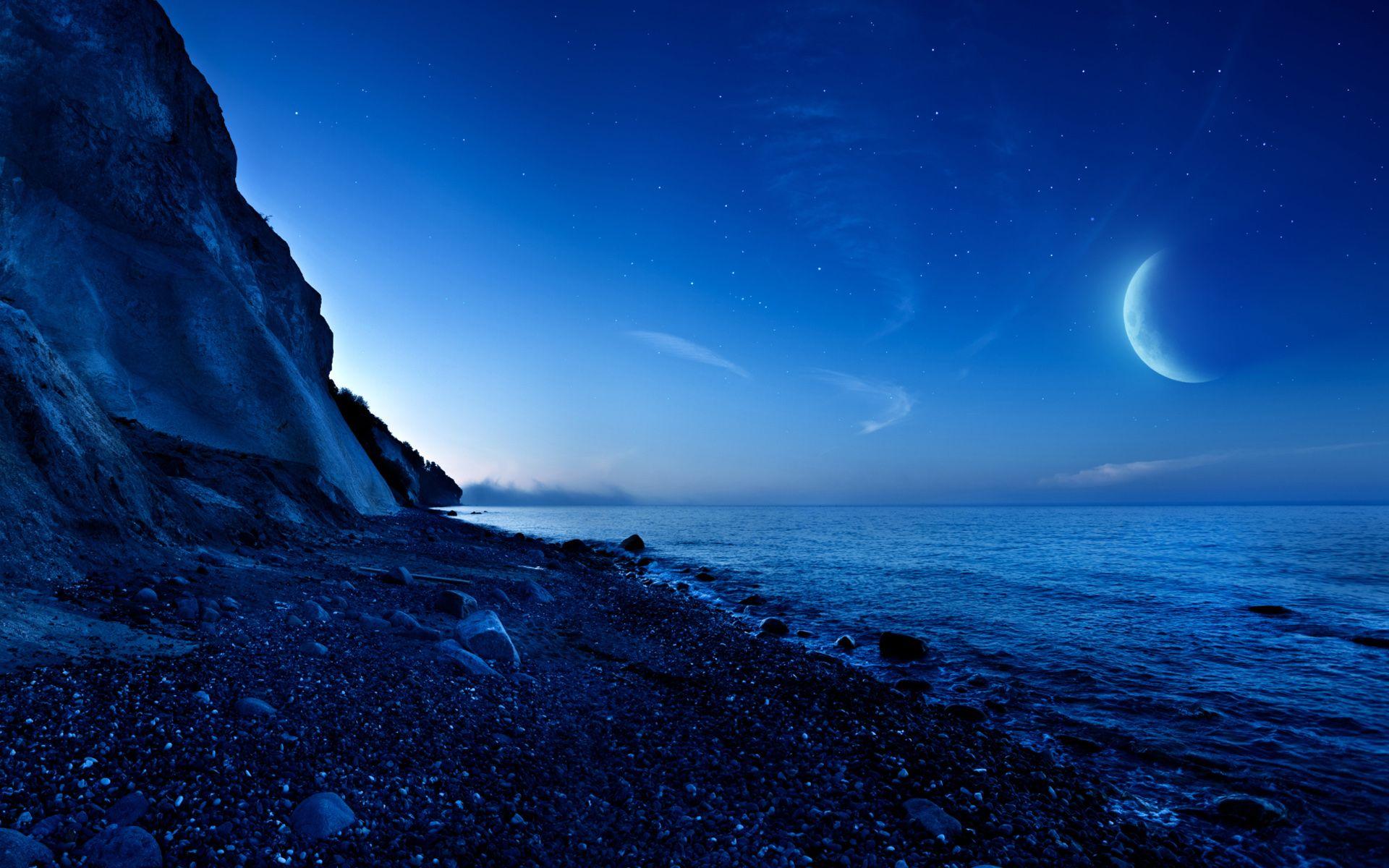 Nightfall Mountain Sea Moon Wallpapers