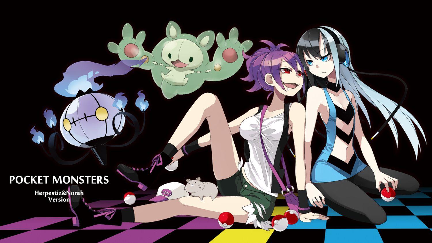 2girls animal blue eyes breasts chandelure cleavage gray hair hat