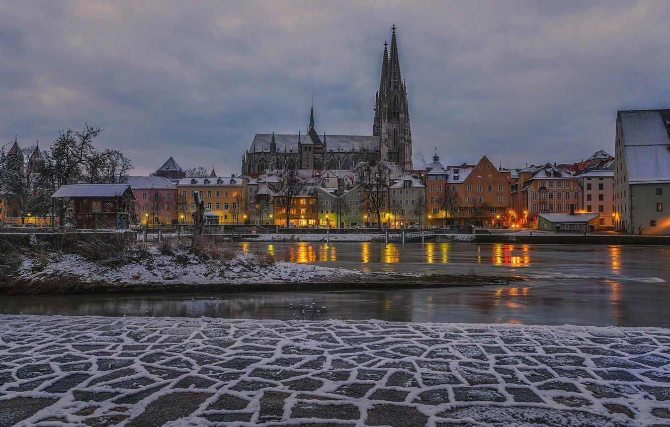 Wallpapers winter, snow, trees, lights, river, home, the evening