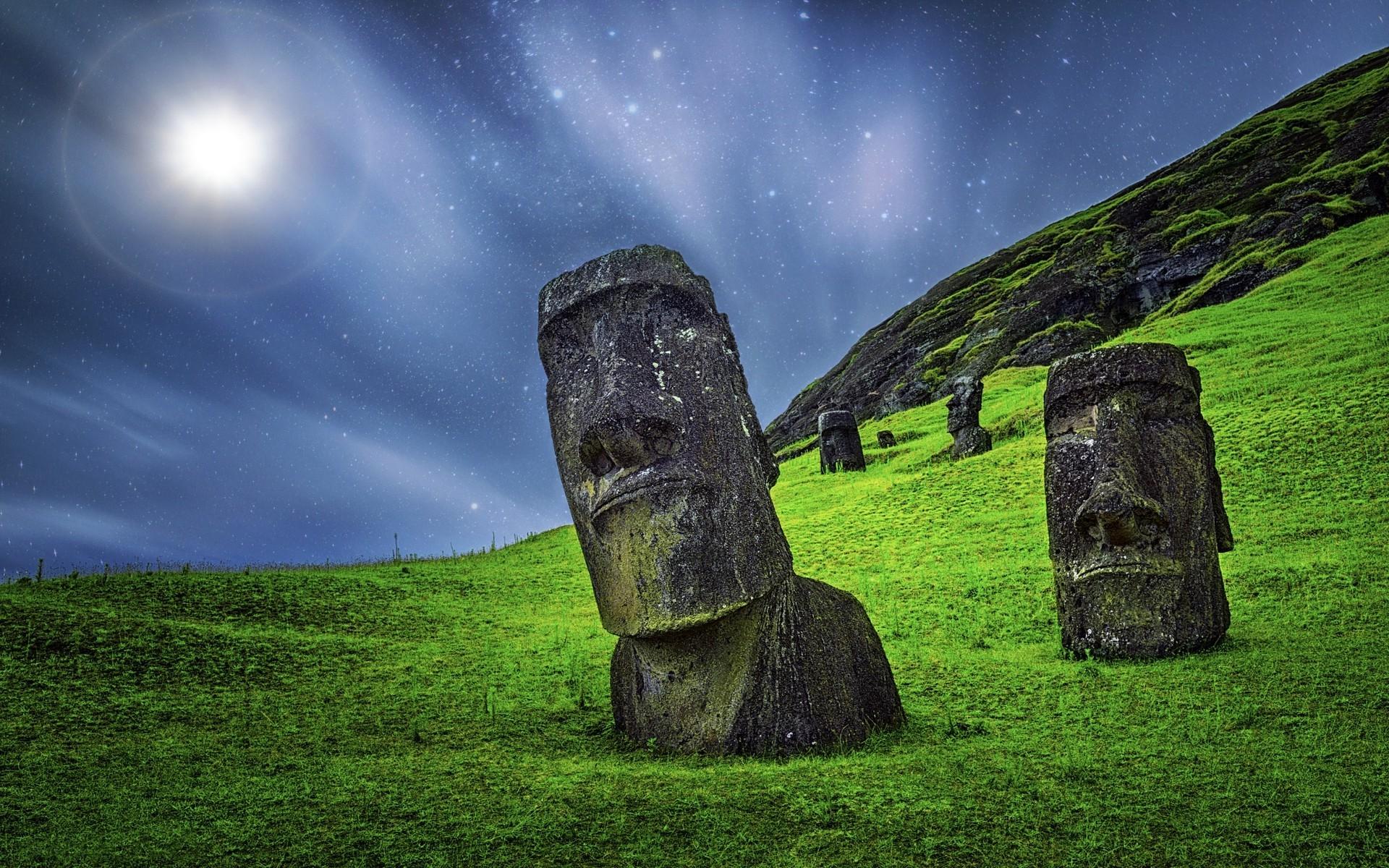 enigma nature landscape moai sculpture starry night grass moonlight