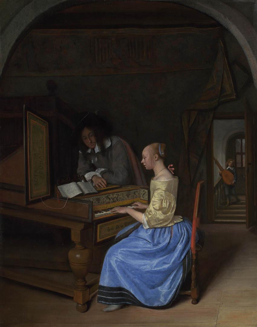 A Young Woman Playing A Harpsichord To A Young Man