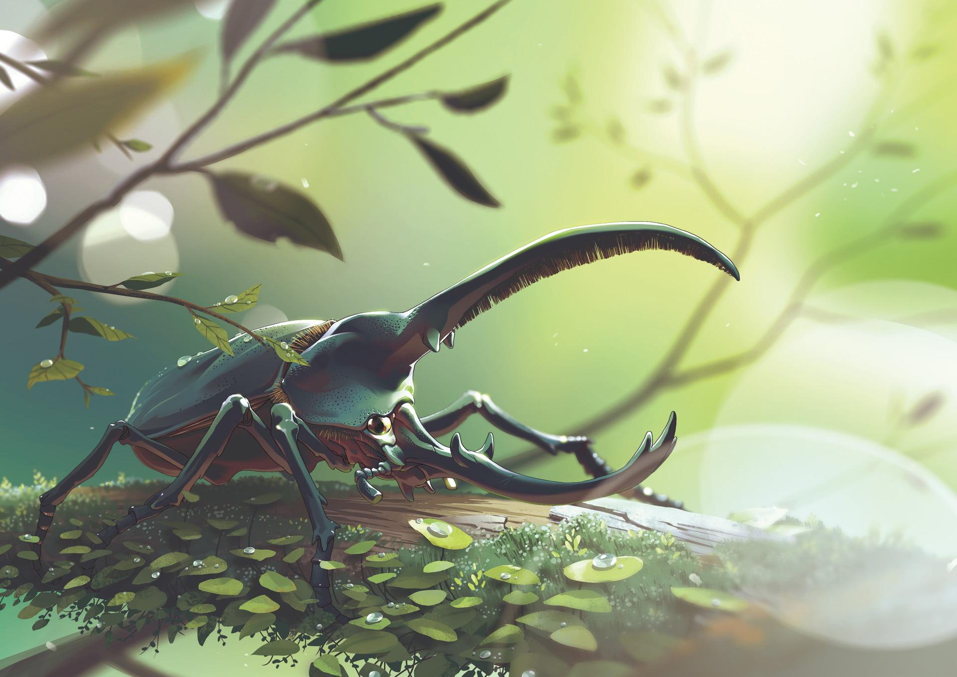 Hercules beetle surrounded by leaves digital wallpapers