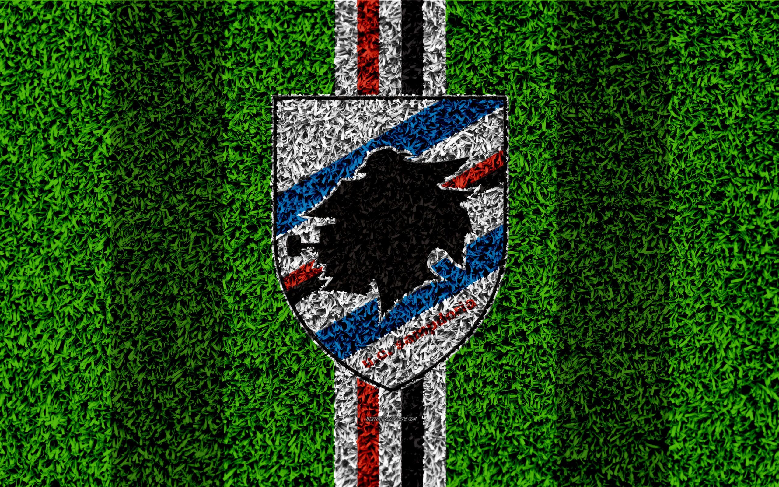 Download wallpapers Sampdoria FC, 4k, logo, football lawn, Italian