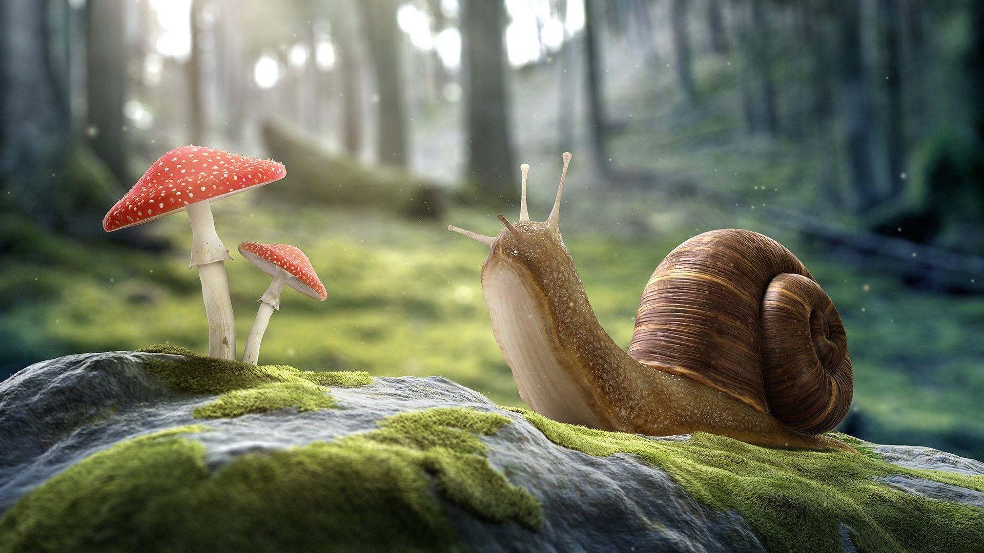 Snail on a stone and fly agaric wallpapers and image