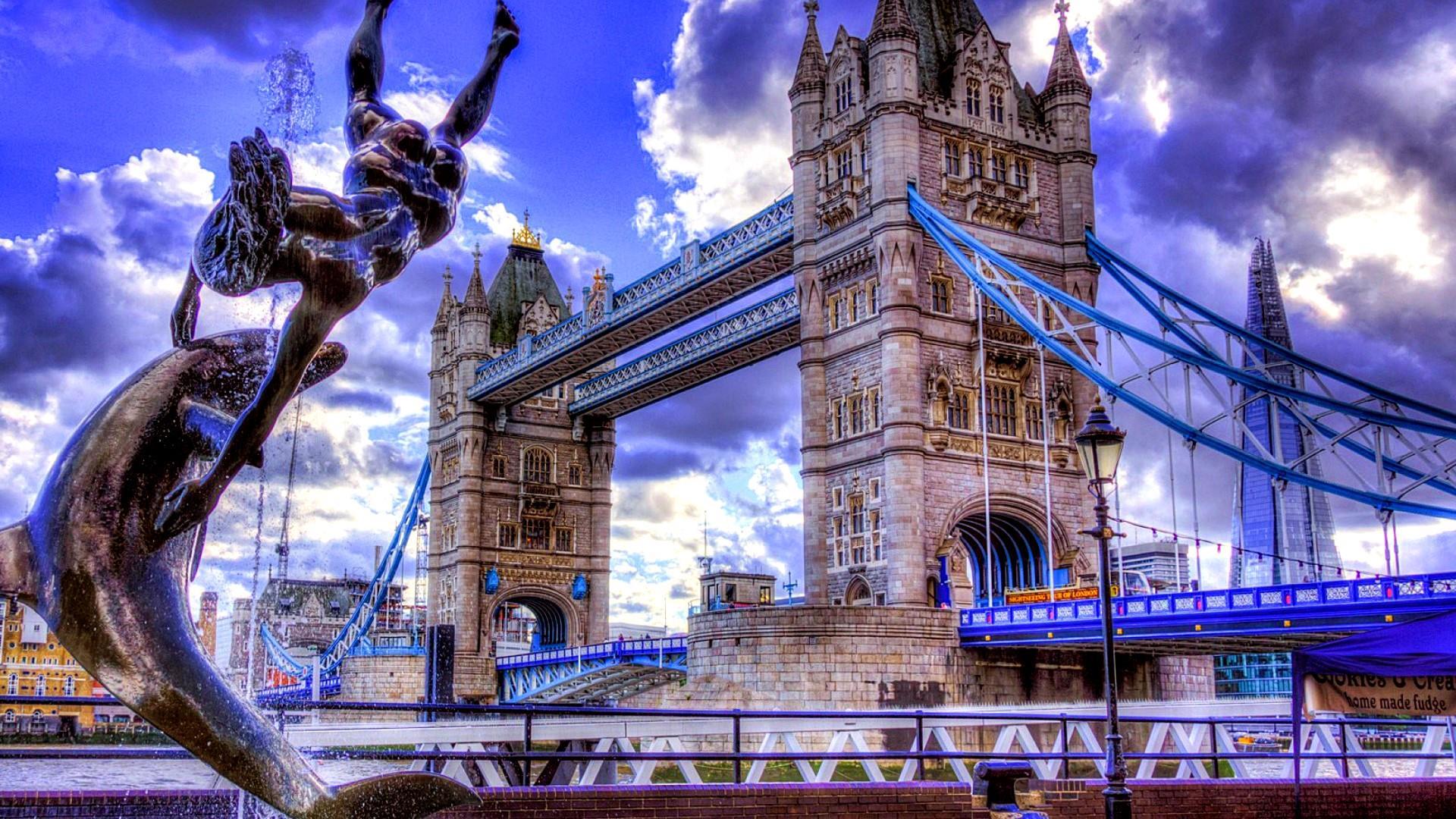 Girl With A Dolphin Fountain & Tower Bridge, London Wallpapers