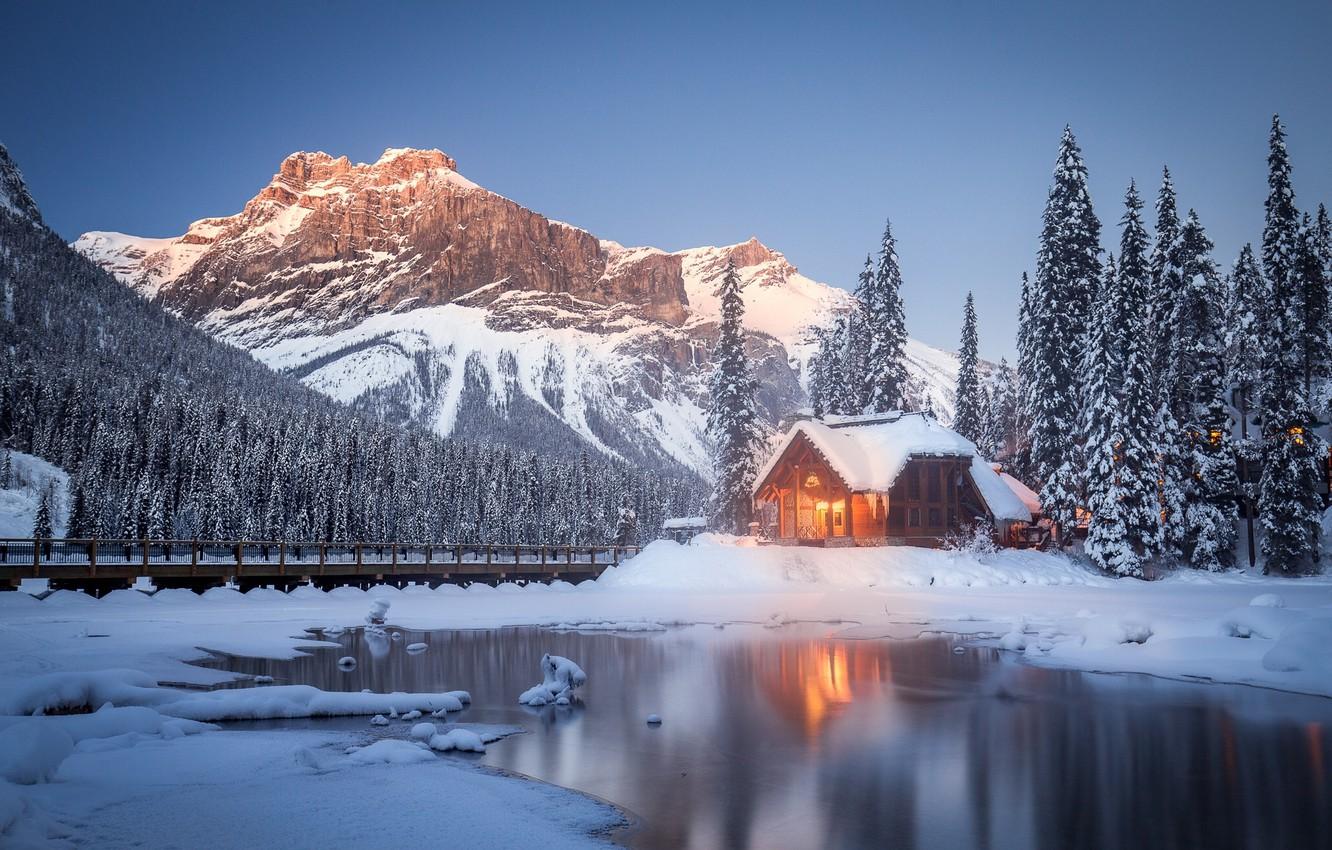 Wallpapers winter, snow, trees, mountains, lake, Canada, house