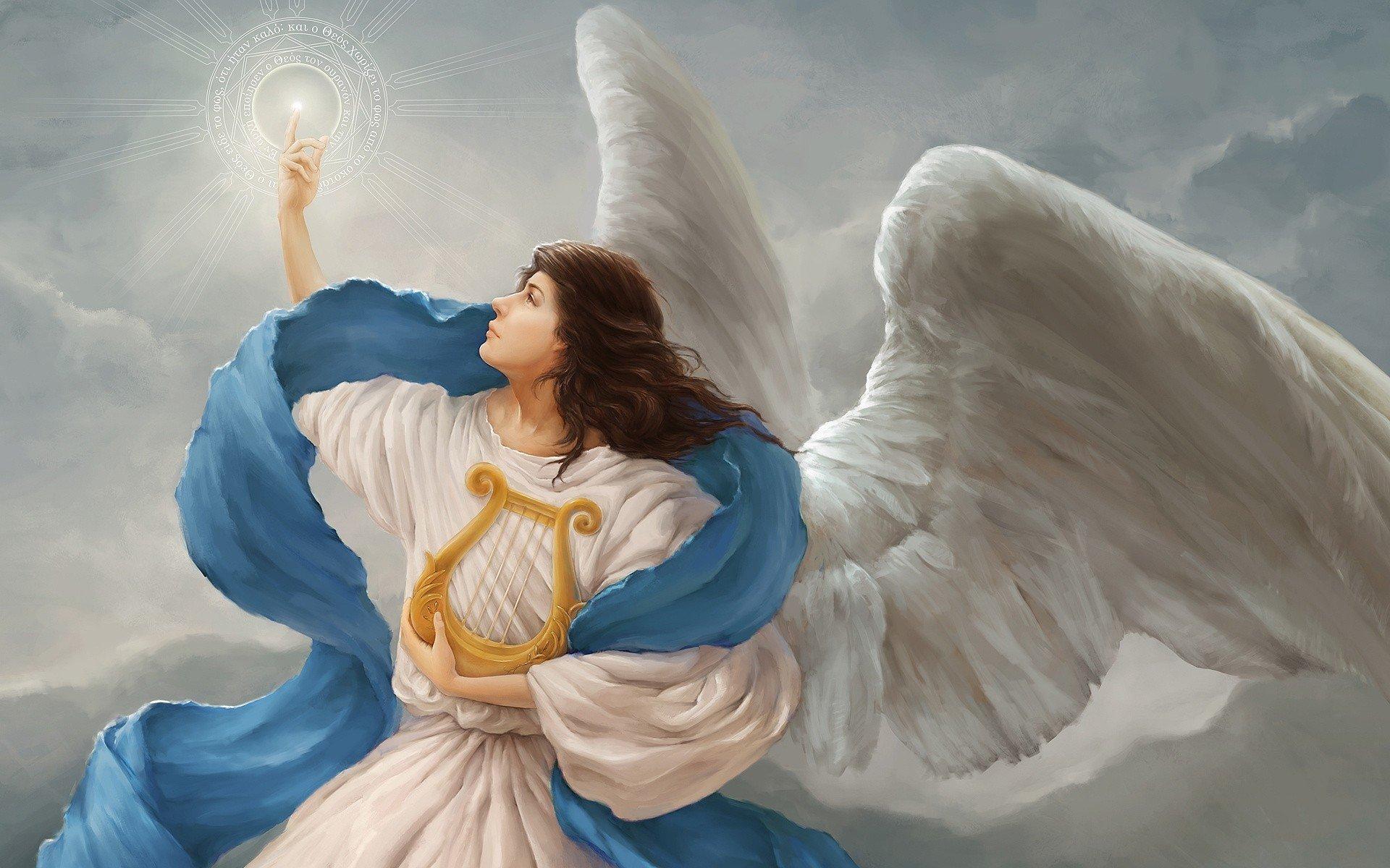 light symbol angel clouds harp wings HD wallpapers