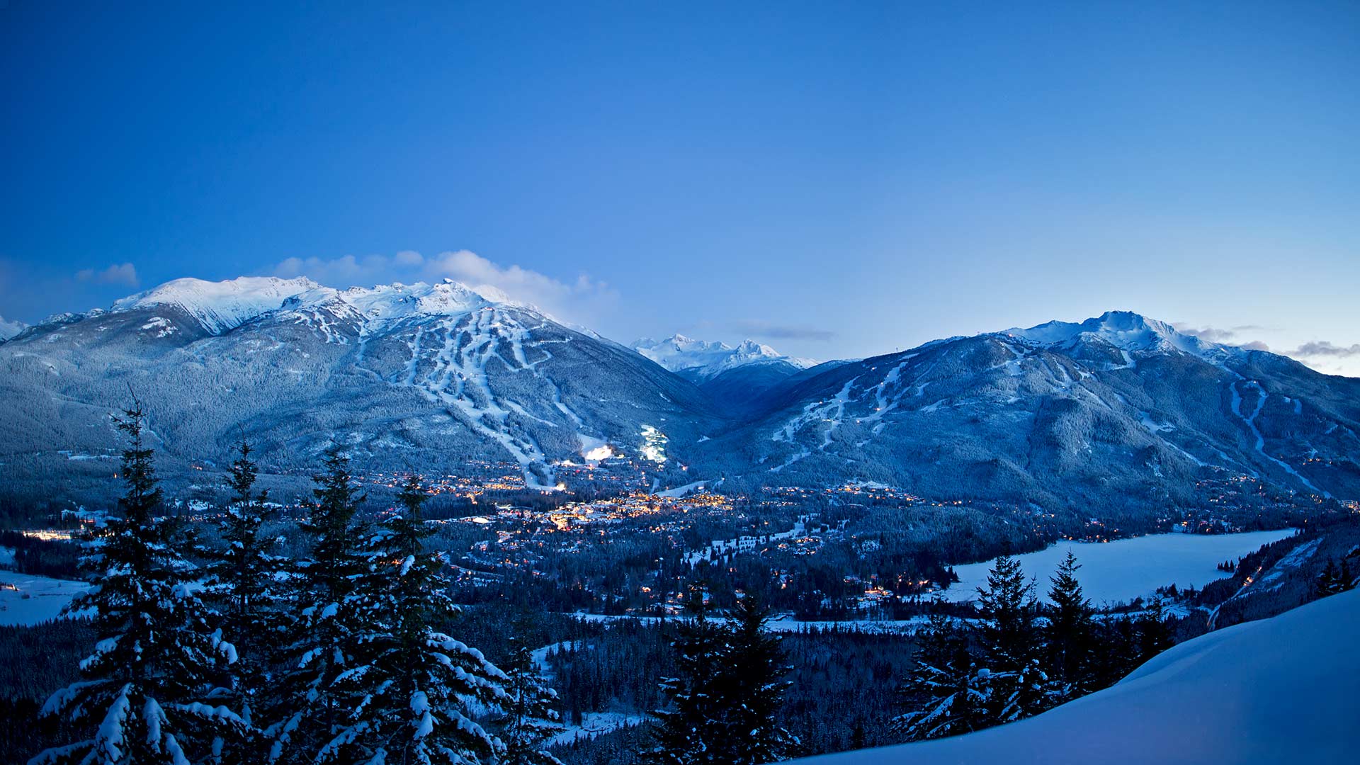 Winter Dual Mountain Evening Lights Snowy Trees Village