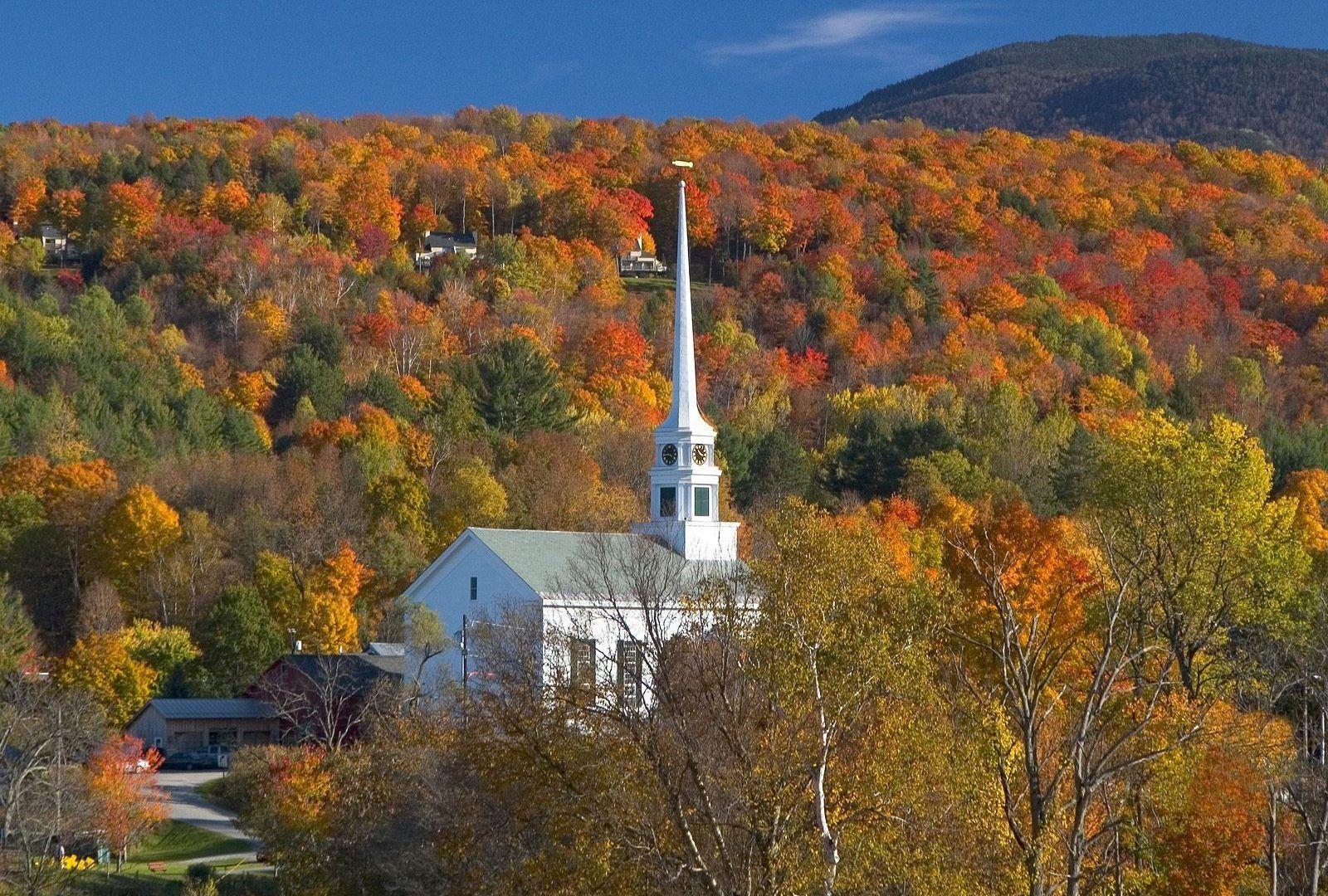 Religious: Church Stowe Vermont Autumn Tower Colors Fall Trees