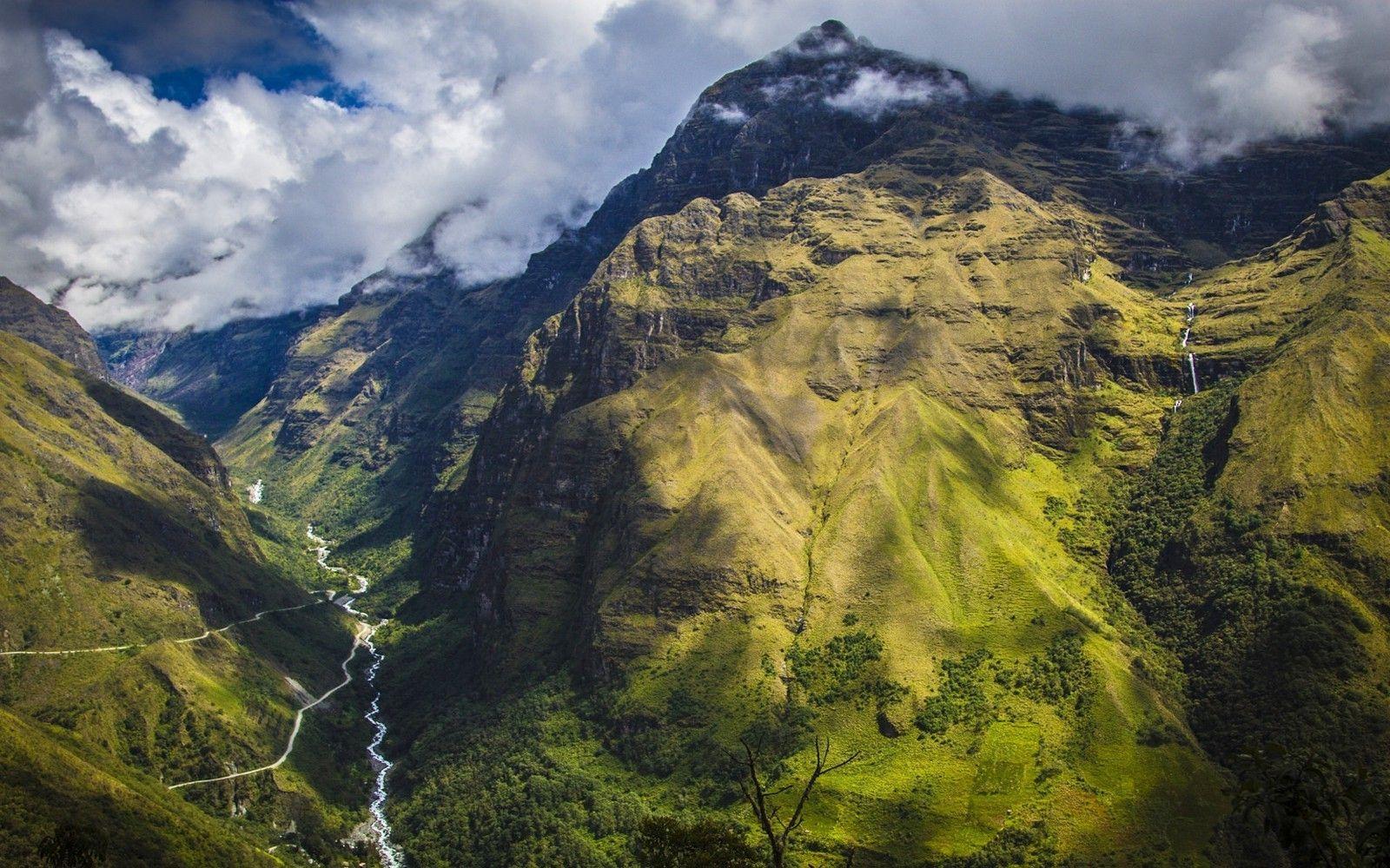 nature, Landscape, Mountain, Clouds, Waterfall, Grass, River