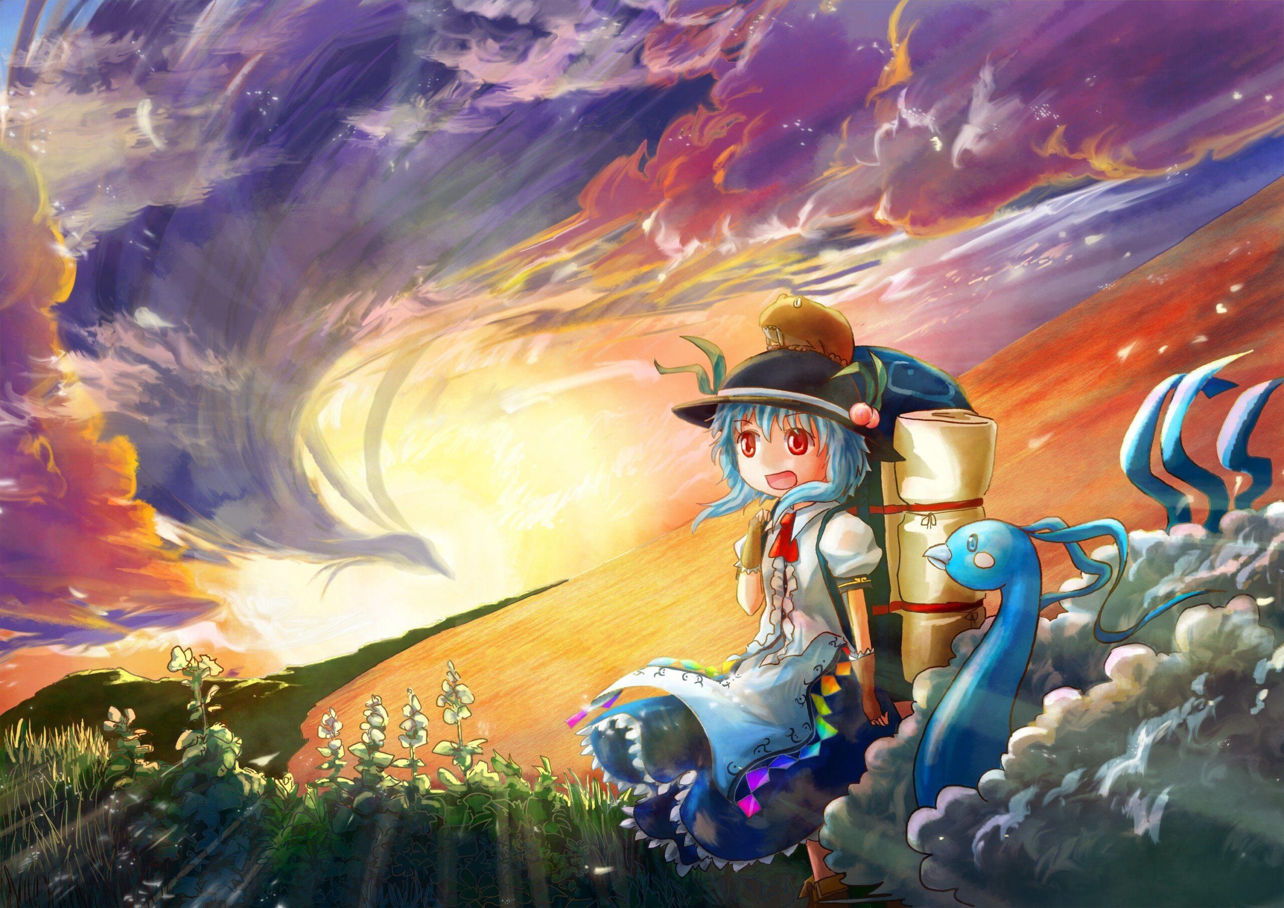 Sunset Pokemon video games clouds Touhou dress blue hair red eyes