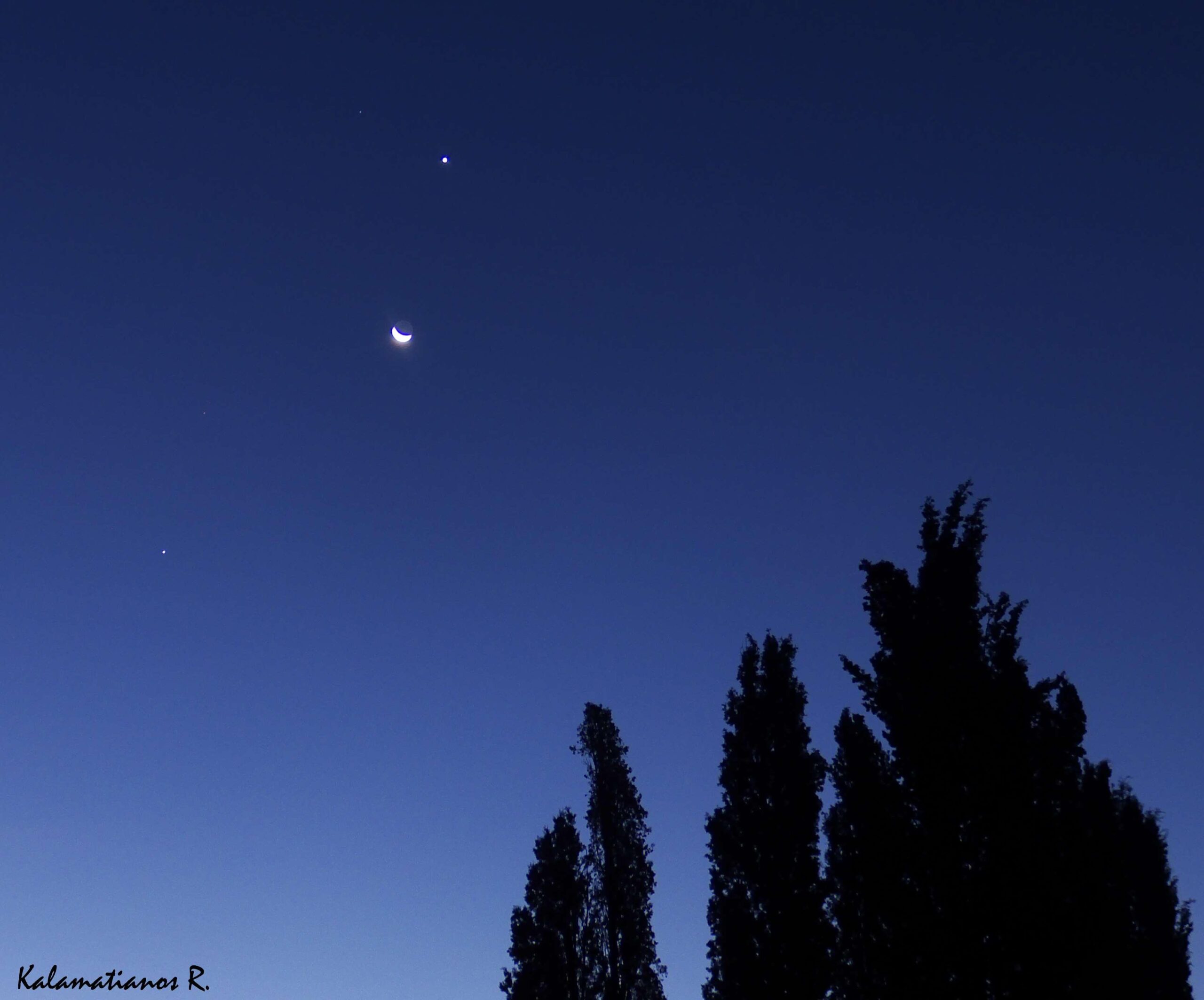 crescent moon, jupiter, mars, moon, silhouette, sky, star, stars