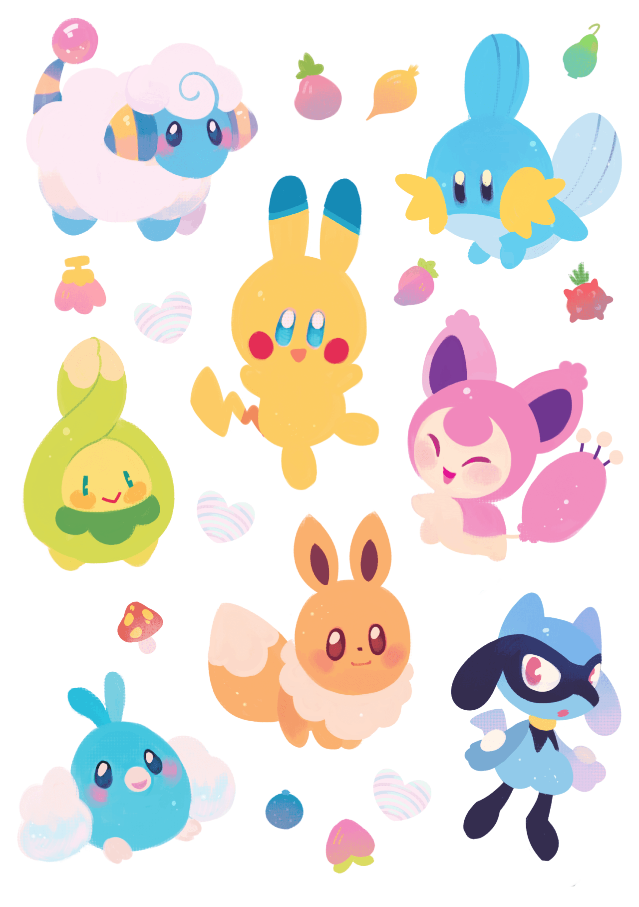 Mareep, Pikachu, Mudkip, Budew, Skitty, Eevee, Swablu, and Riolu