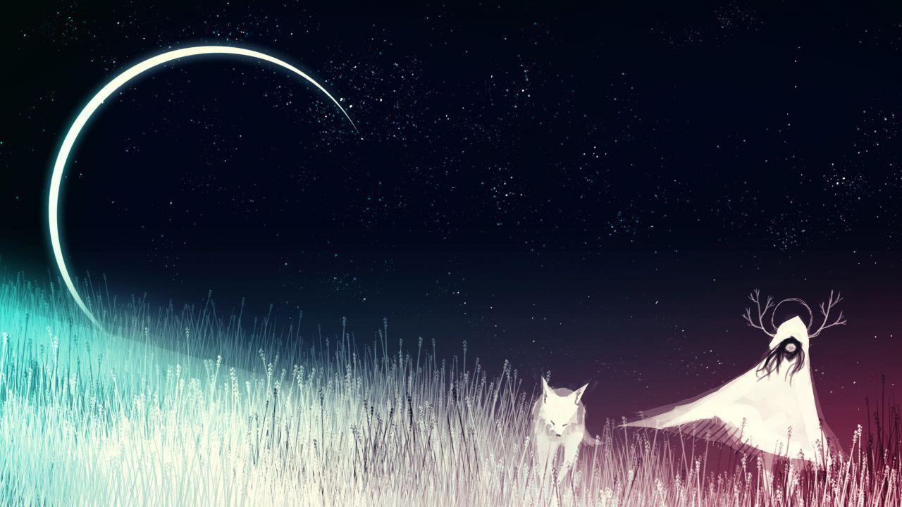 Wallpapers Dream, Girl, Fox, CGI, Half moon, HD, Fantasy,