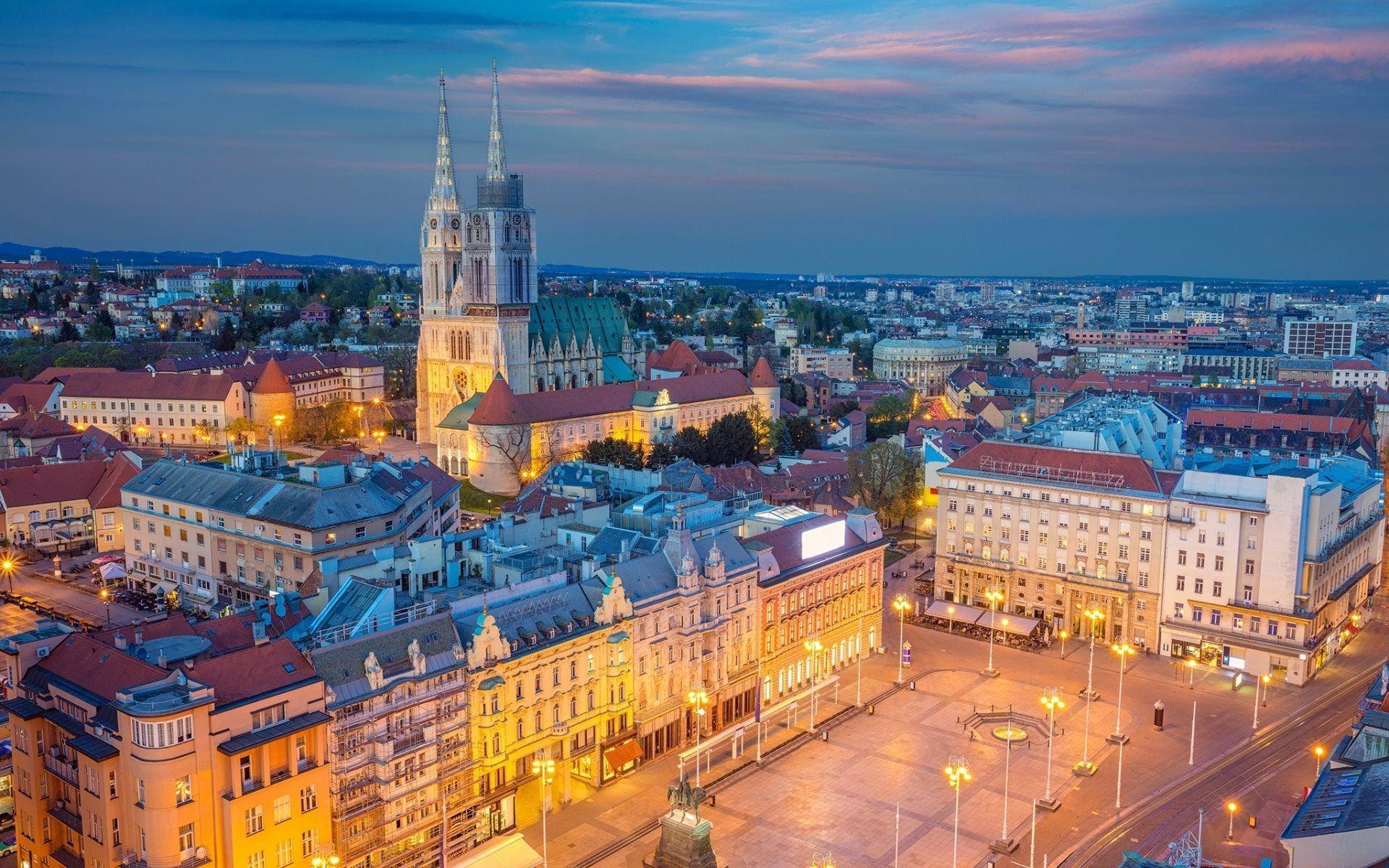 Download wallpapers Zagreb, Catholic Cathedral, evening, Zagreb