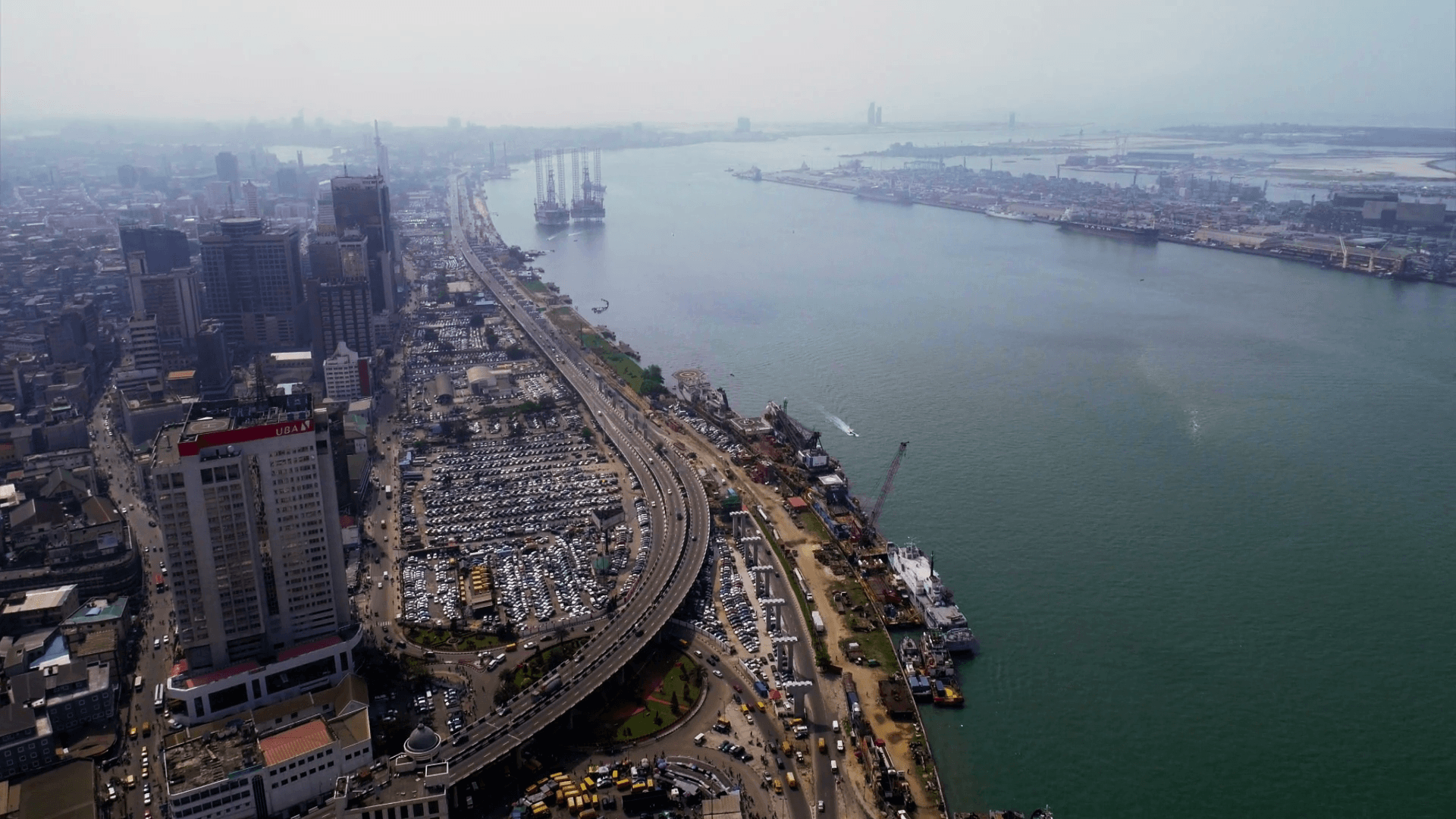 Lagos Nigeria Marina Aerial Stock Video Footage