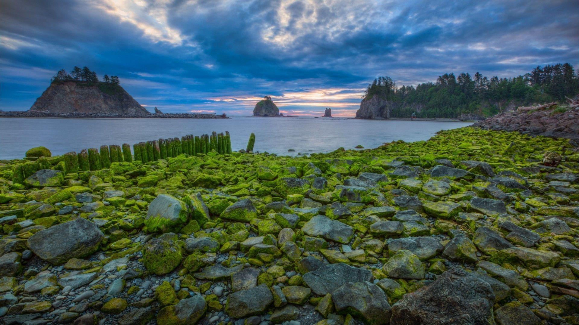 nature, Landscape, Water, Trees, Clouds, USA, Rock, Stones, Moss