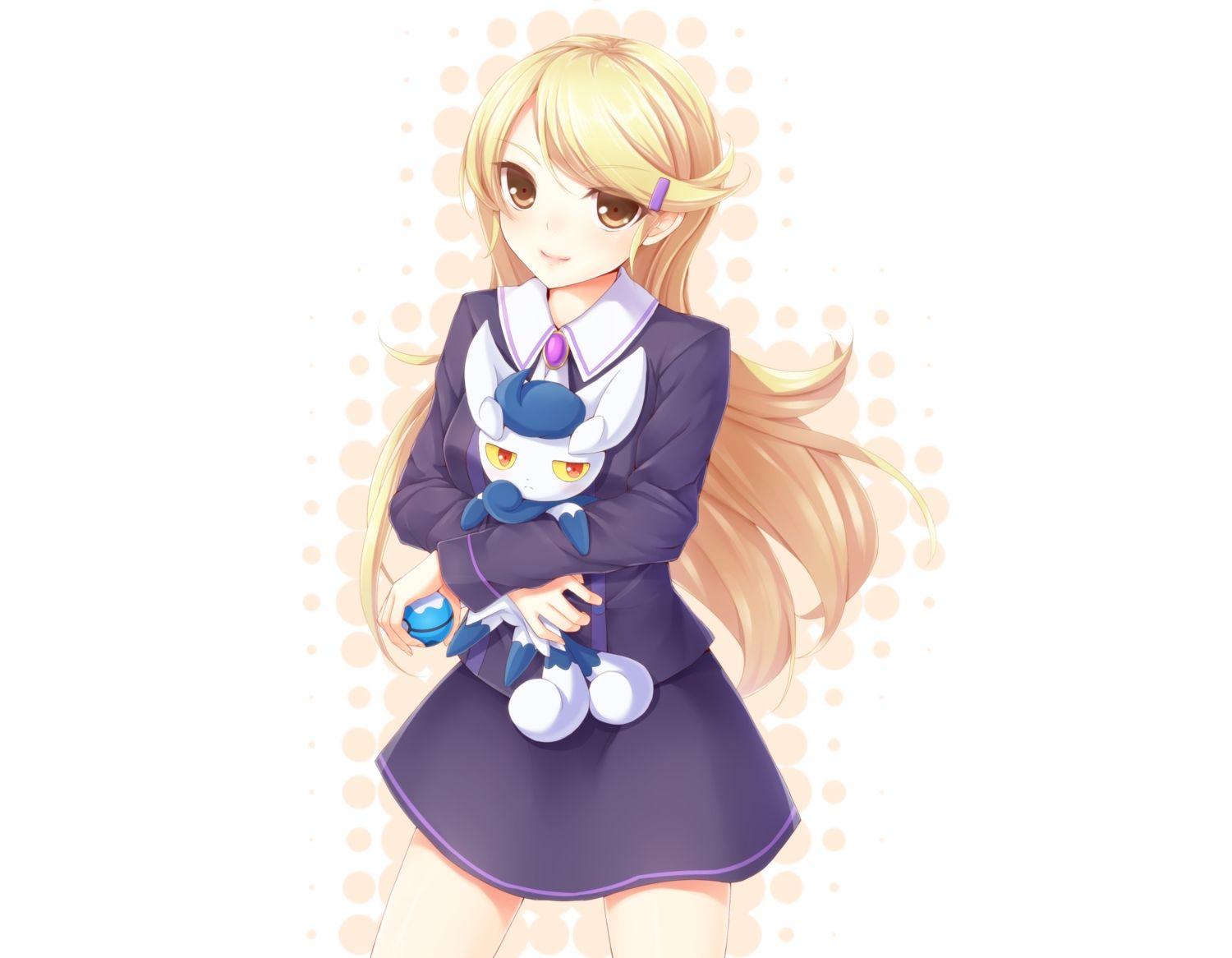 ace trainer blonde hair brown eyes dabadhi long hair meowstic