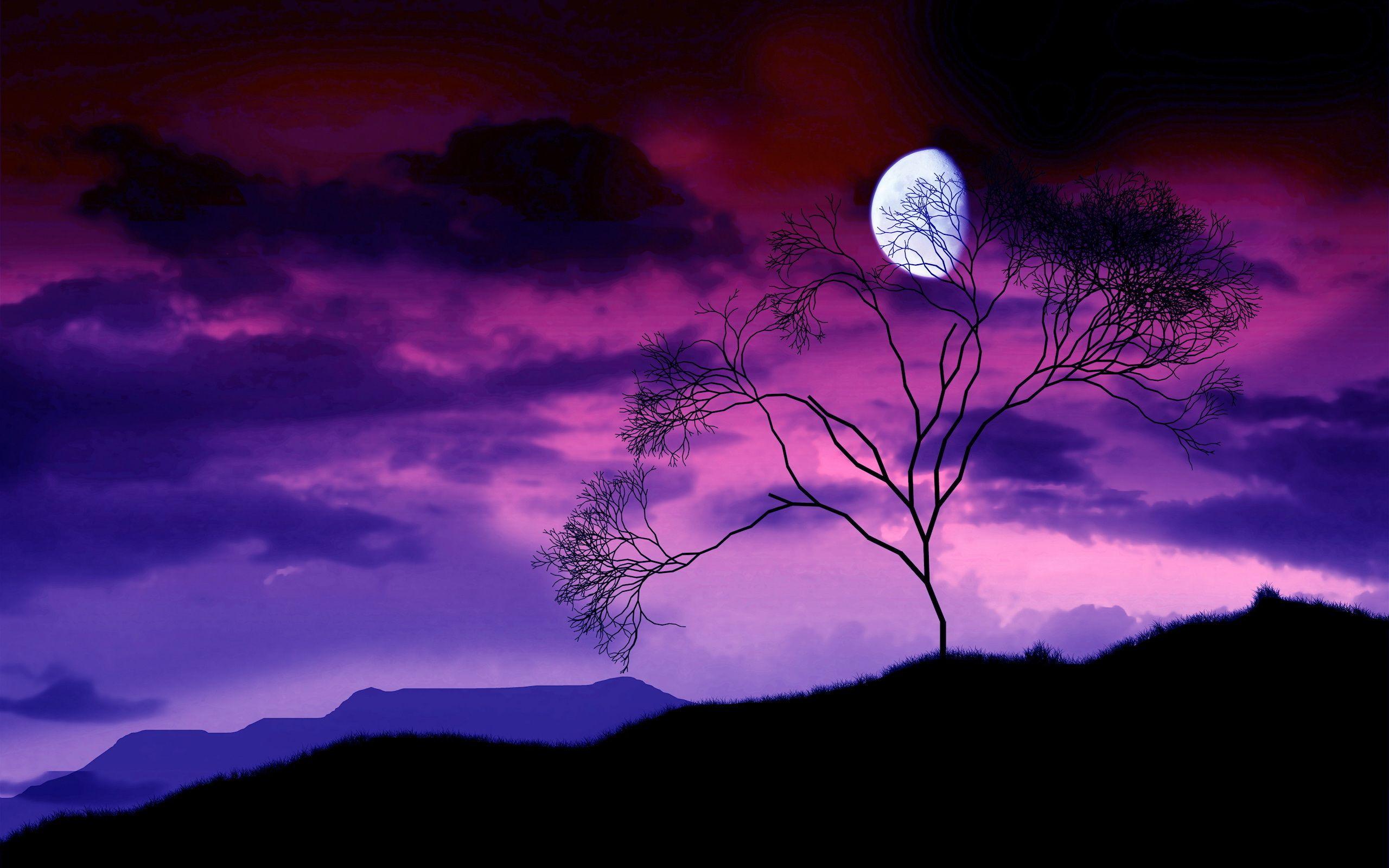 Artistic night scene of a gibbous moon in a sky with purple and