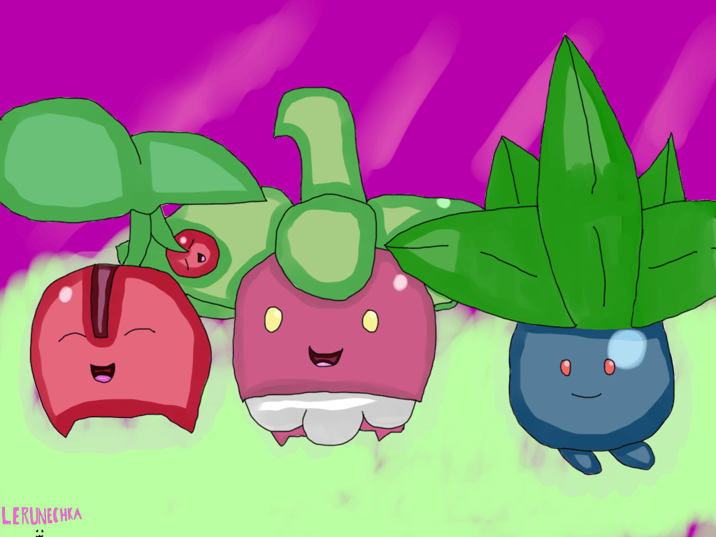 Cherubi, Bounsweet and Oddish by Lerunechka