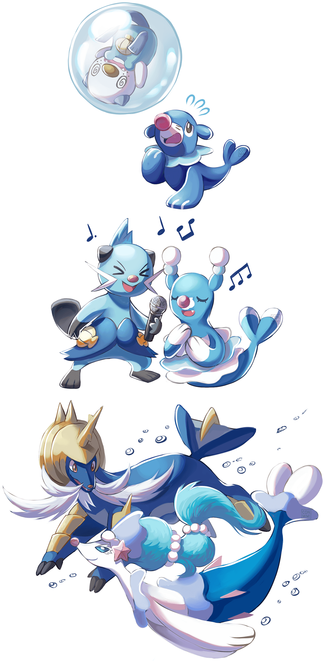 Samurott x Primarina y sus anteriores evoluciones