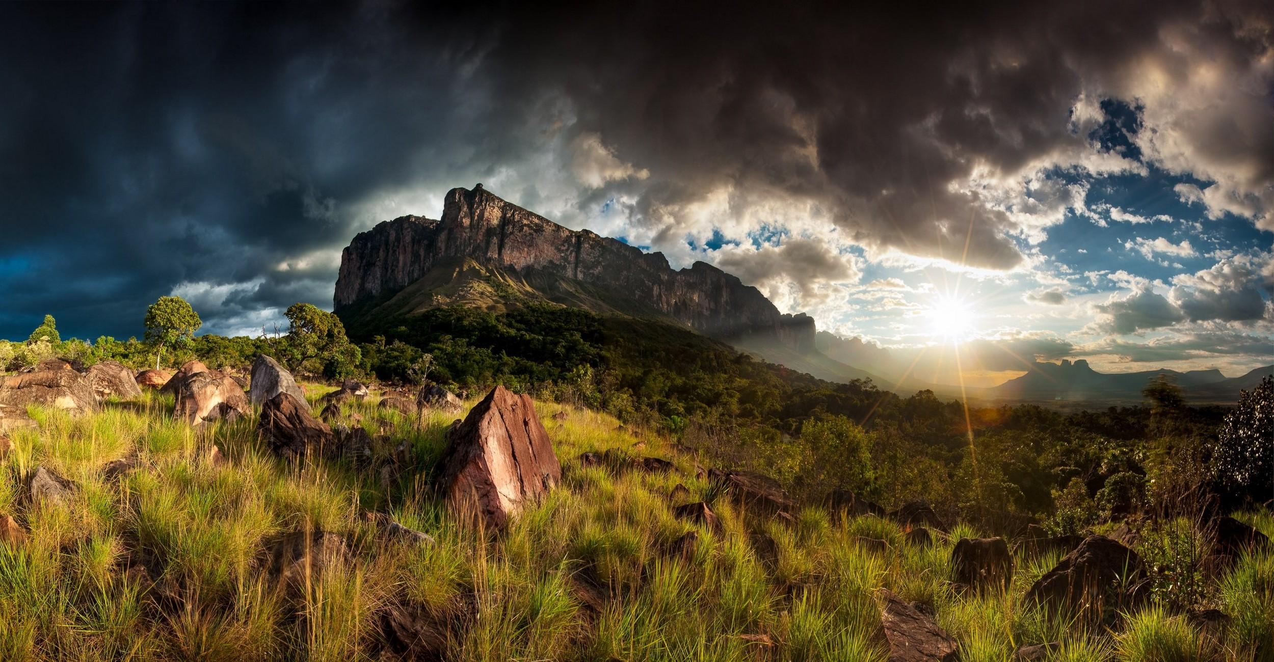 nature, Landscape, Mountain, Grass, Clouds, Sunset, Trees, Shrubs