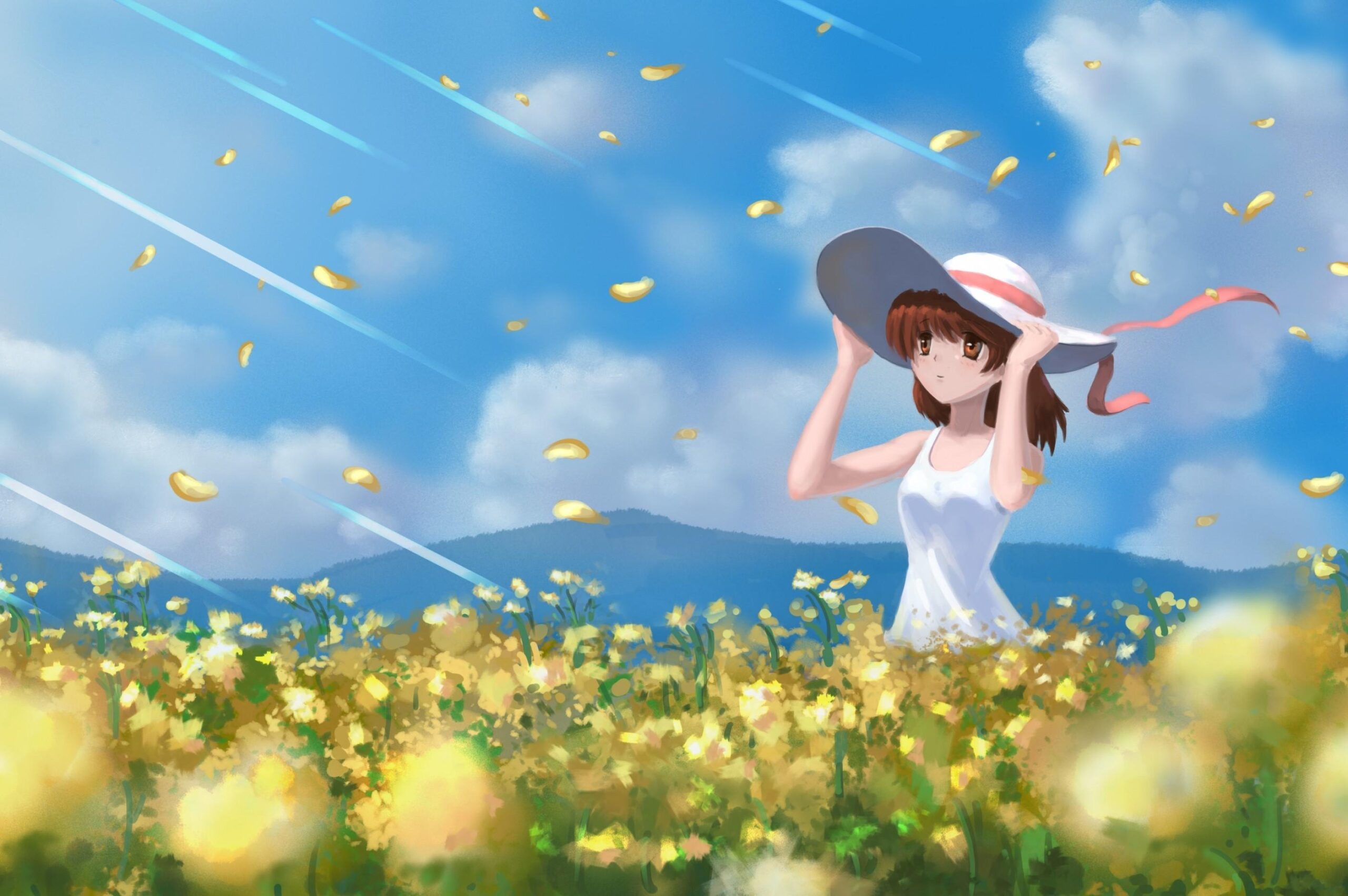 Download Furukawa Nagisa, Clannad, Field, Hat, Clouds