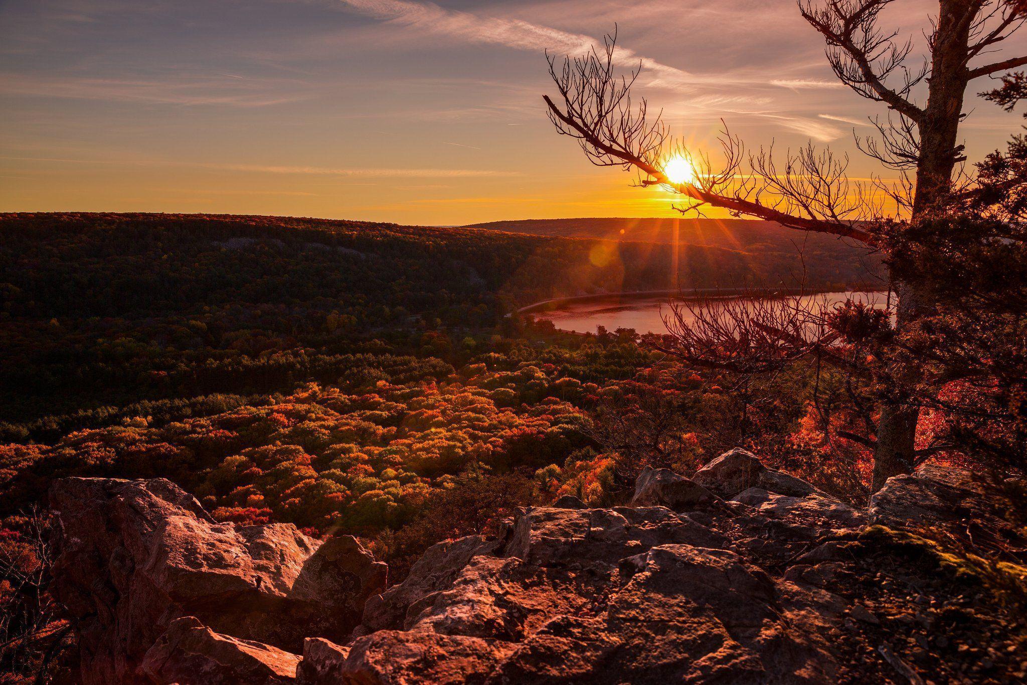 Trees sunset Wisconsin United States Devils Lake wallpapers