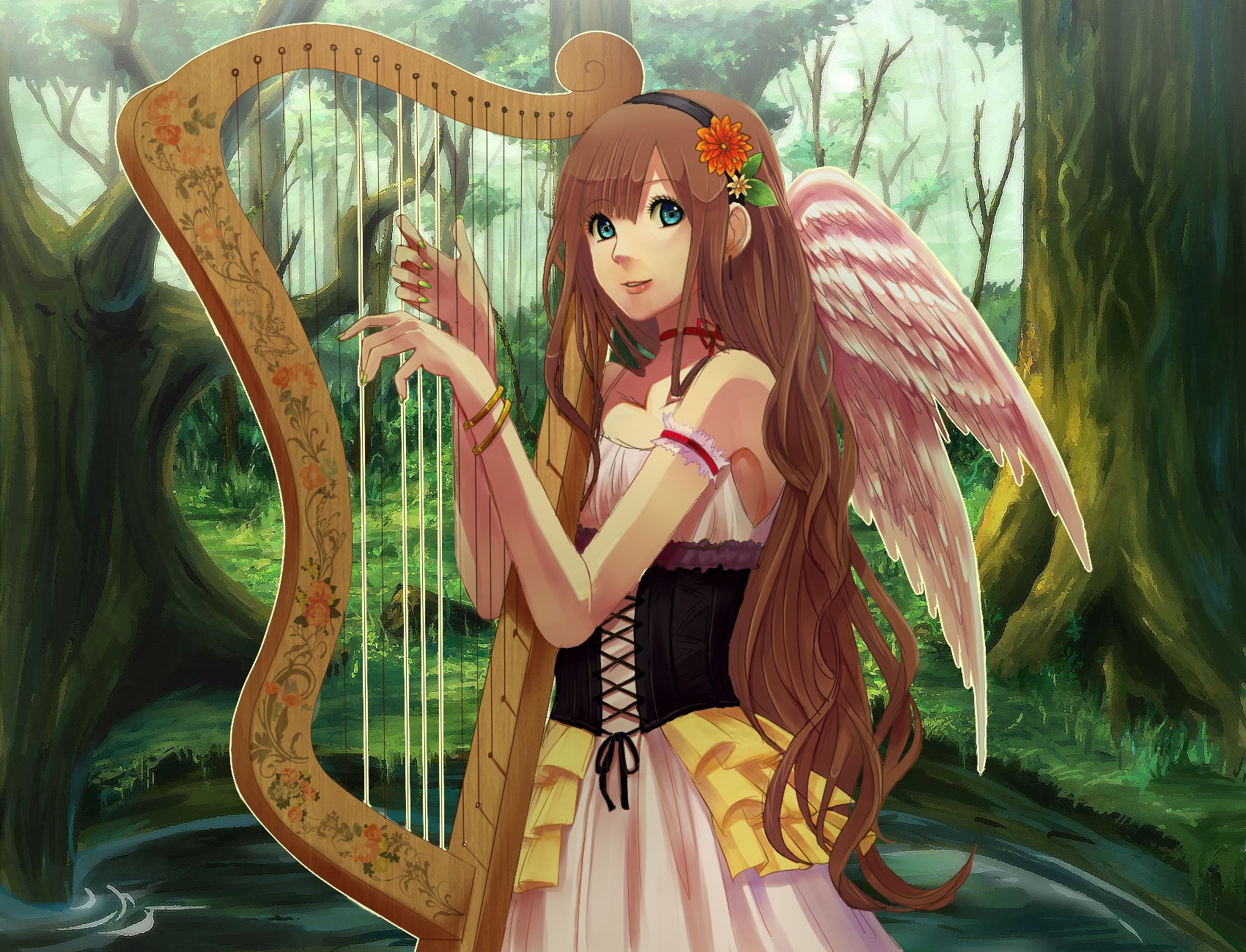 Download wallpapers girl, harp, wings, smile, nature hd