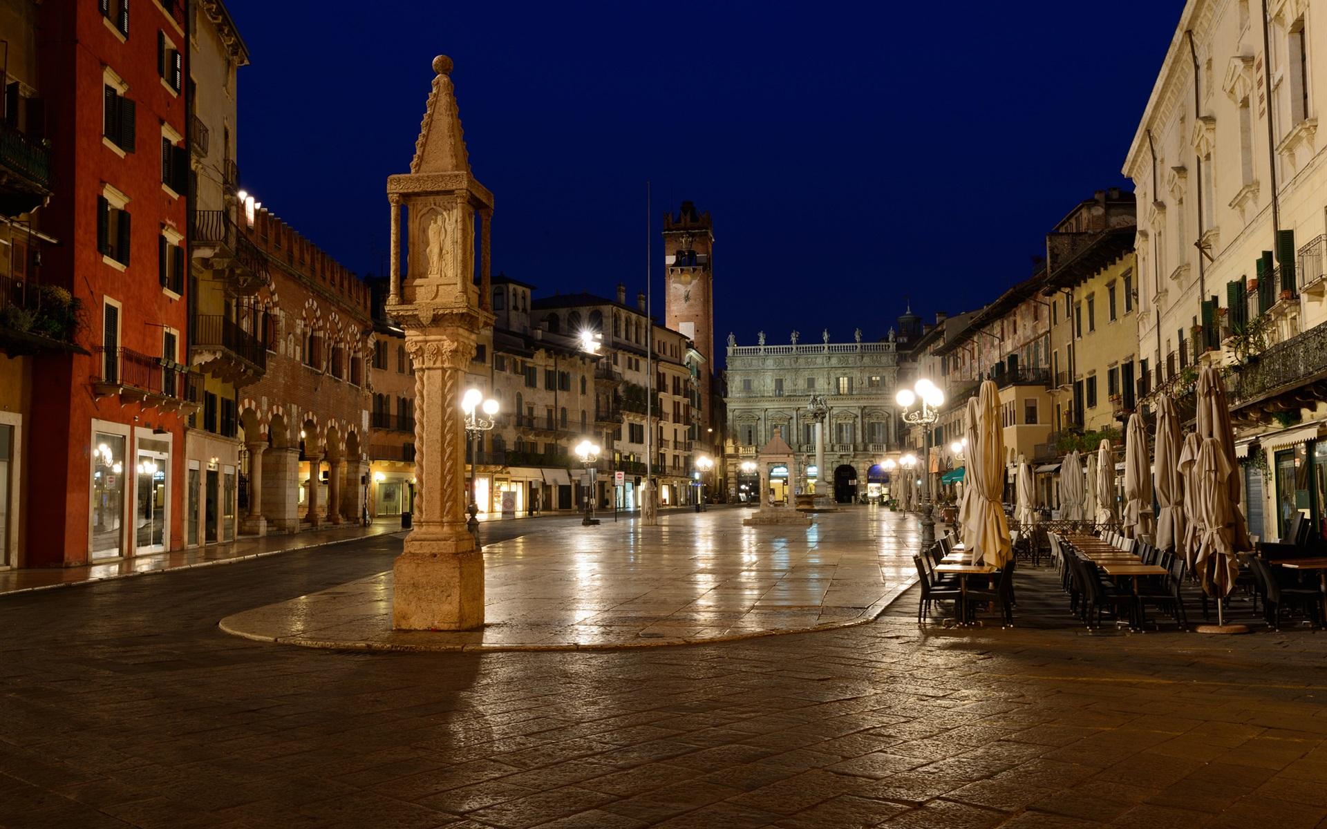 Wallpapers Italy, Verona, city, street, cafe, night, lights, houses