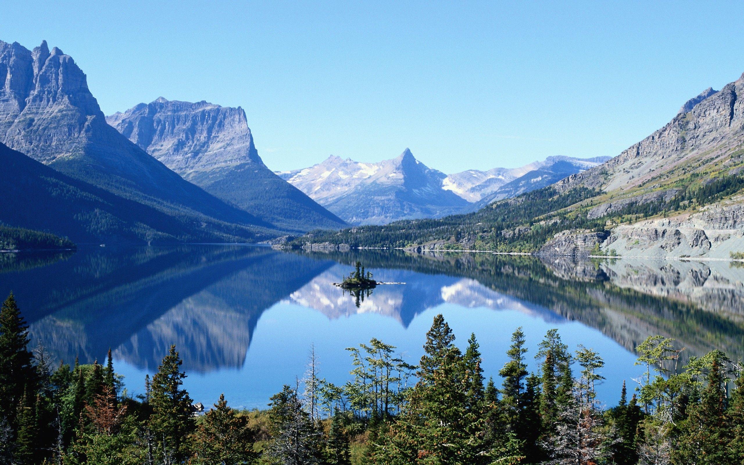 water, mountains, nature, trees, forest, rocks, lakes, blue sky