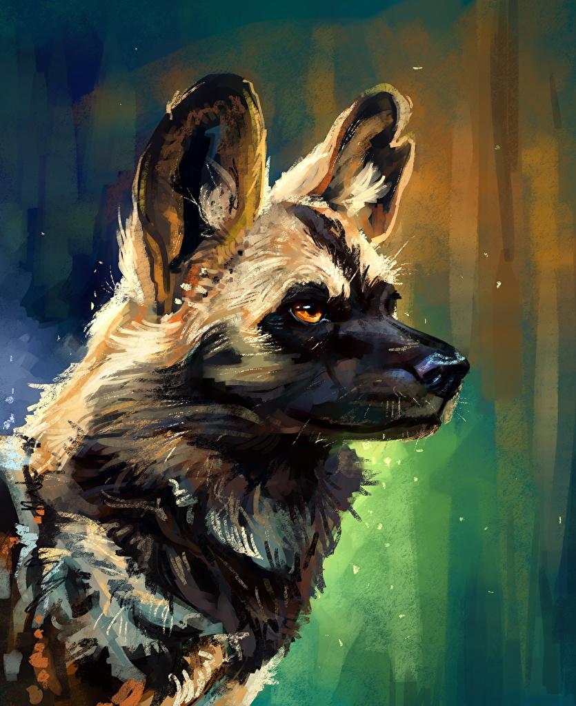 Image African wild dog Hyenic dog Head Animals Painting Art