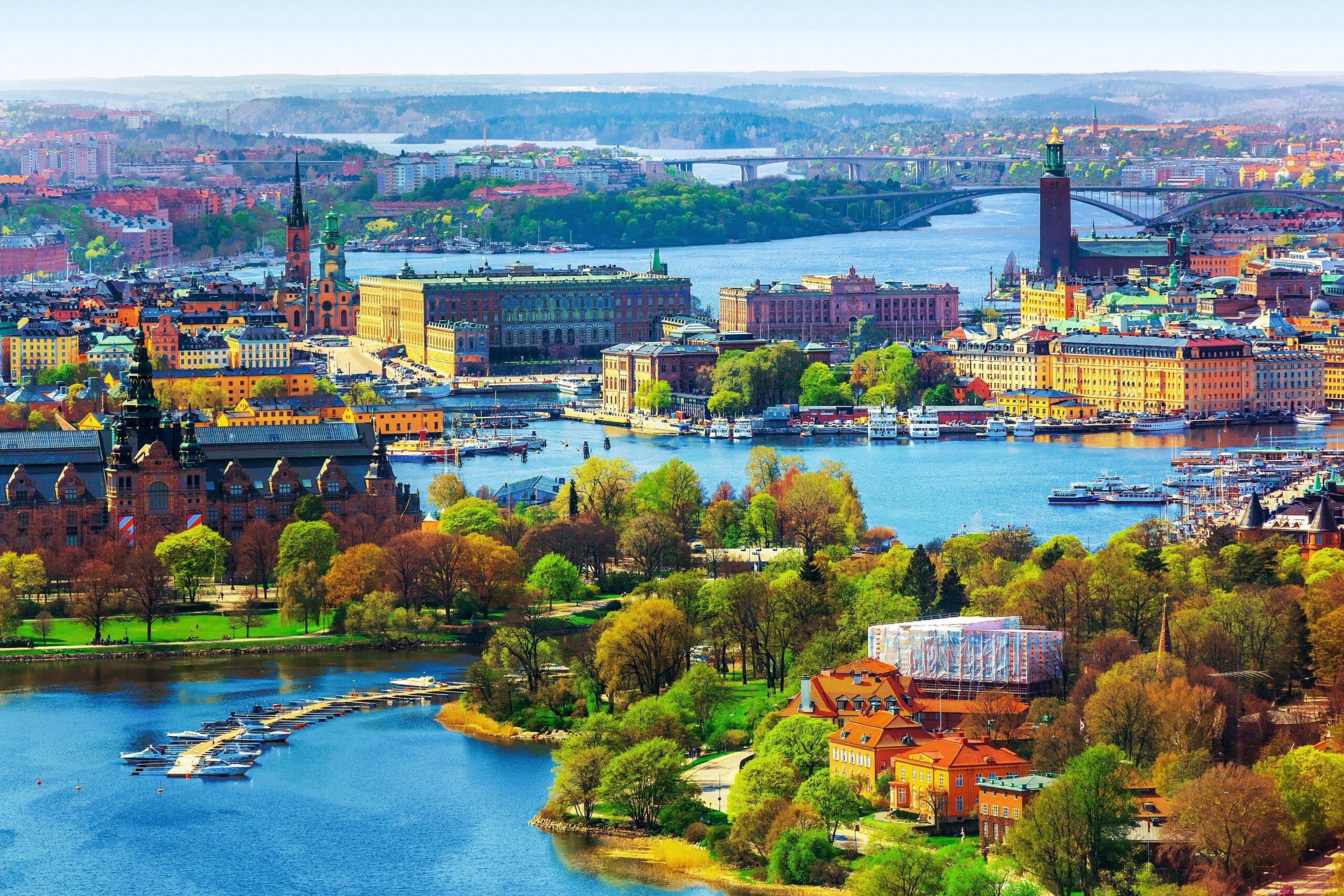 Winter, river, boats, snow, houses, Uppsala, Sweden wallpapers