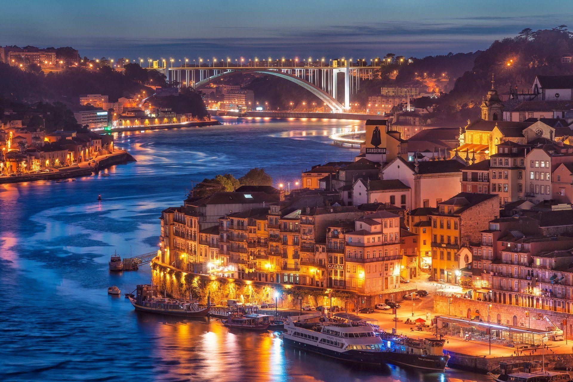 nightfall in porto city river bridge HD wallpapers