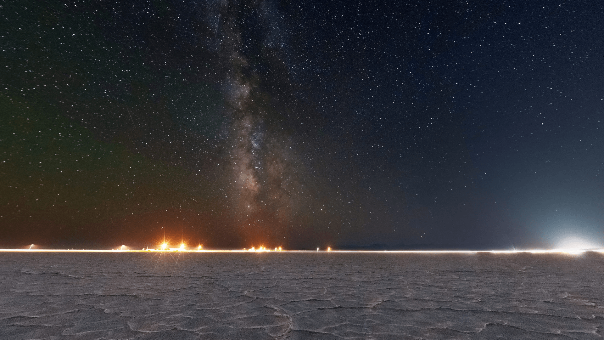 Bonneville salt flats at night, panoramic view. [1920 x 1080