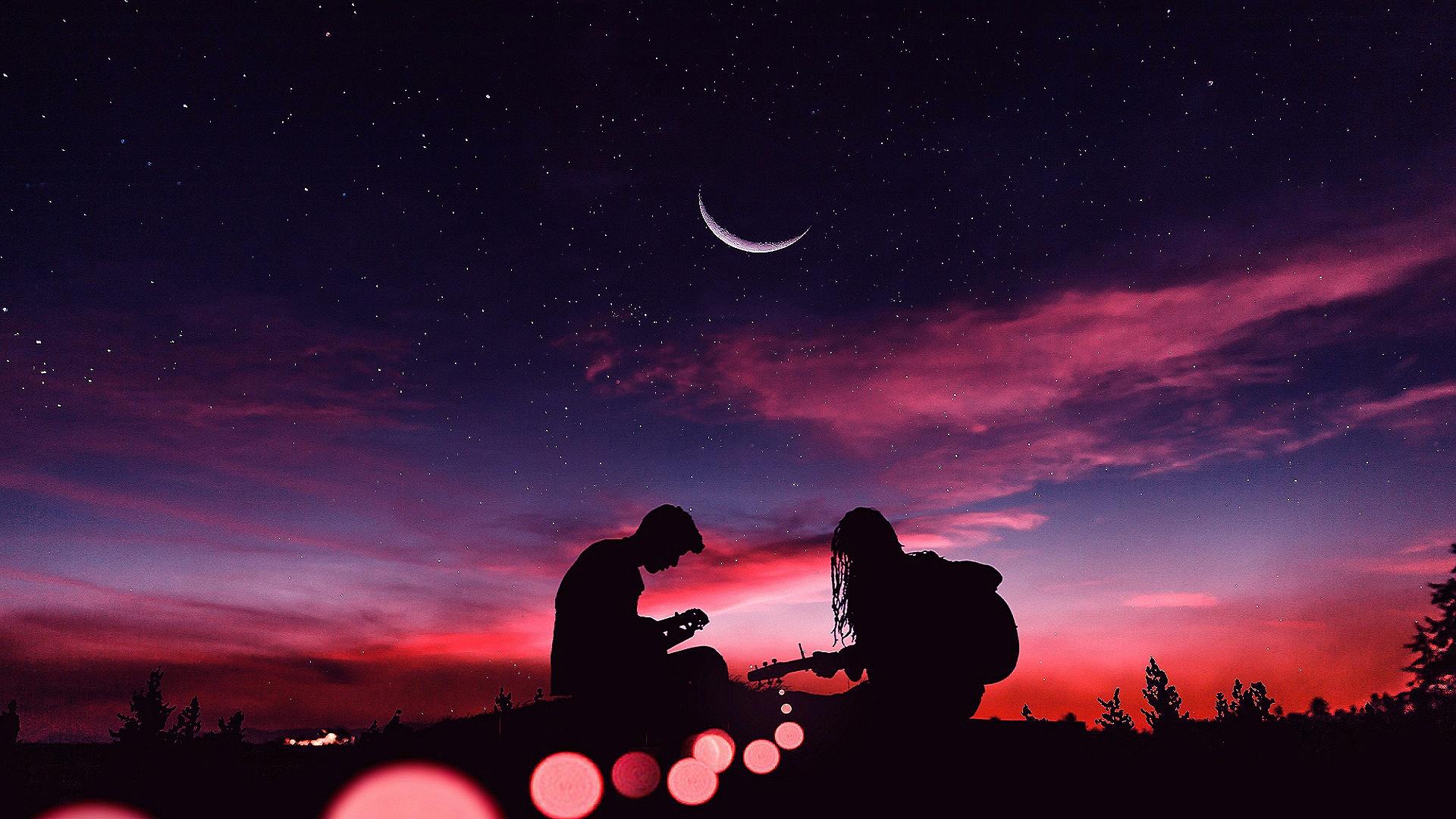 Playing Guitar Under The Crescent Moon HD Wallpapers