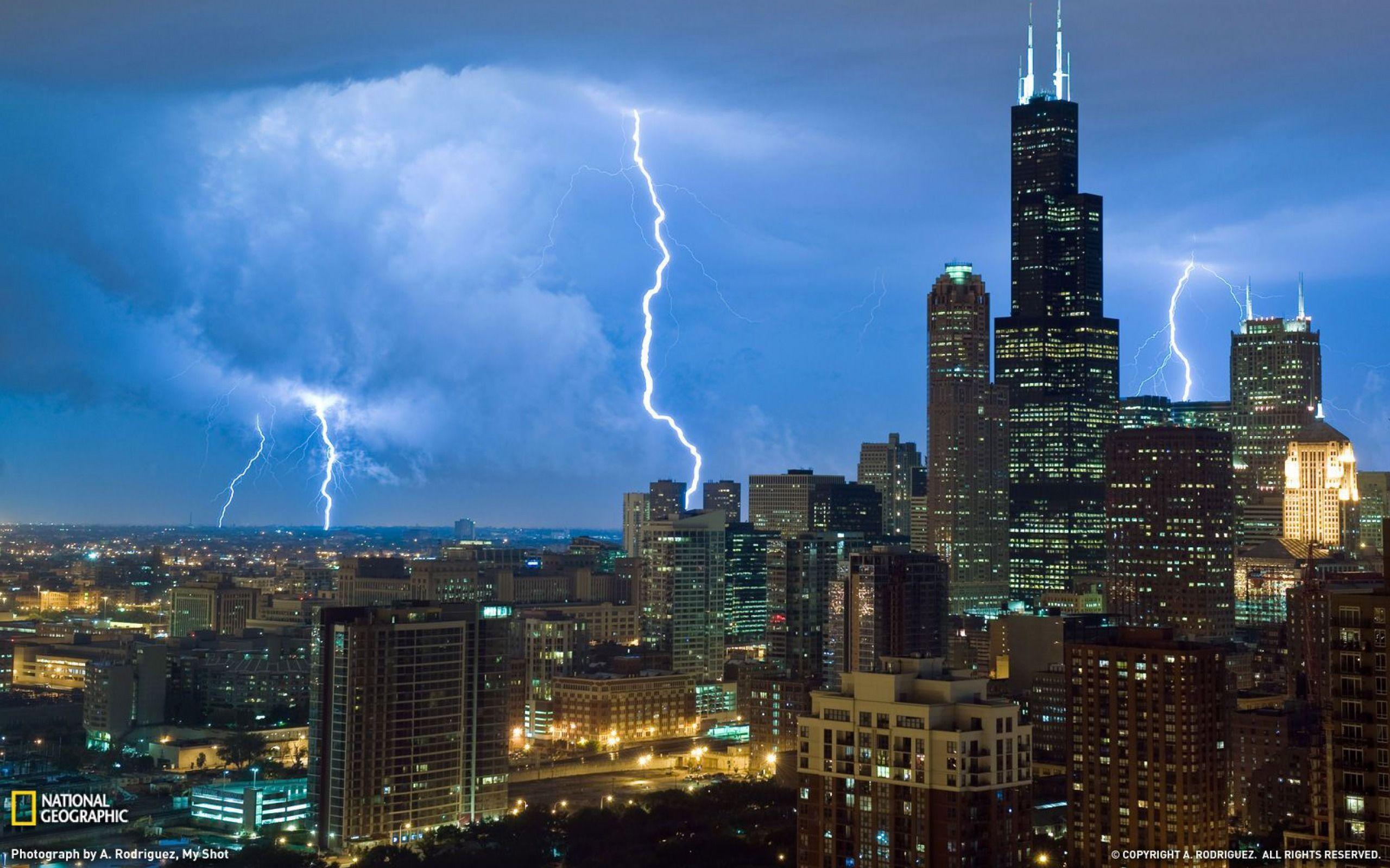 USA Chicago Illinois city skyscrapers lightning photo National