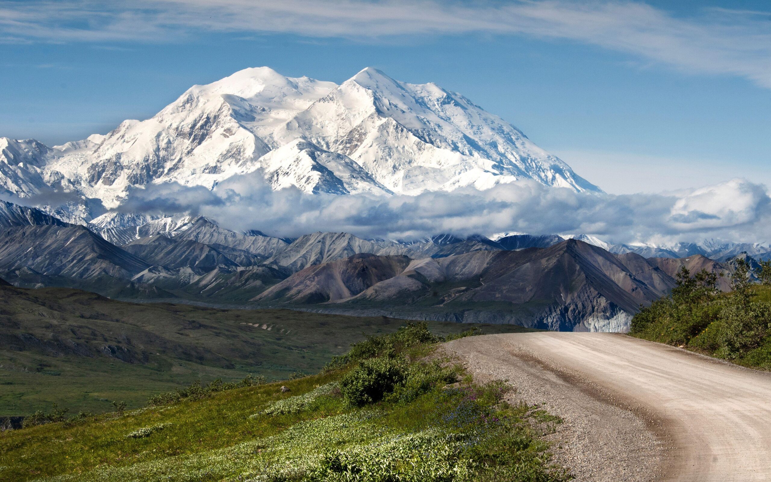 Mountain Road Valley Evaporation Fog High Mountains With Snow Blue