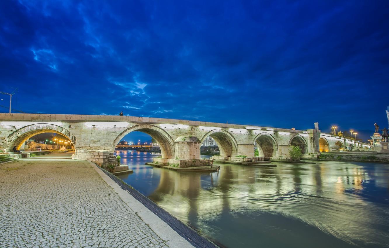 Wallpapers the sky, night, bridge, lights, river, Macedonia, Skopje