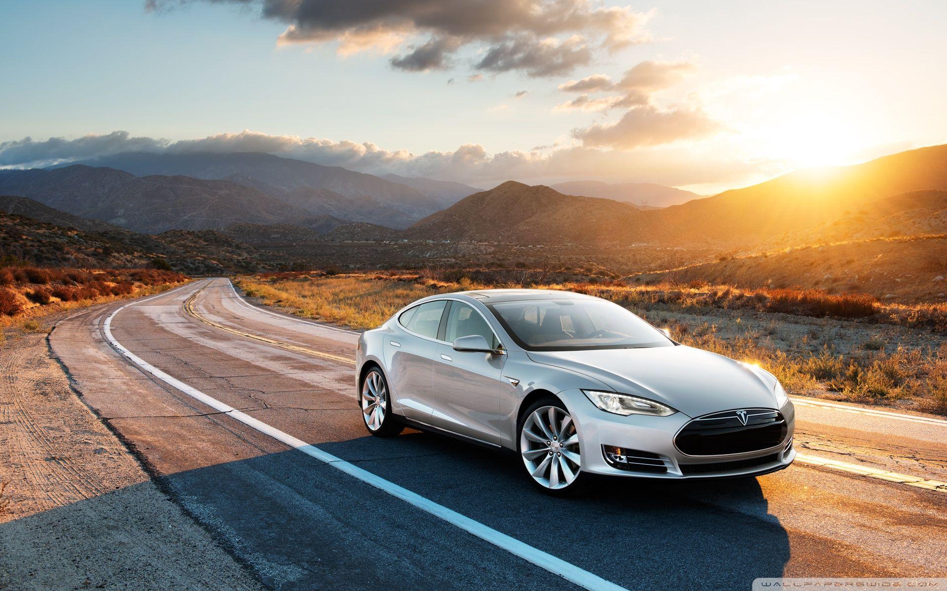 Tesla Model S in Silver, Desert Road ❤ 4K HD Desktop Wallpapers for