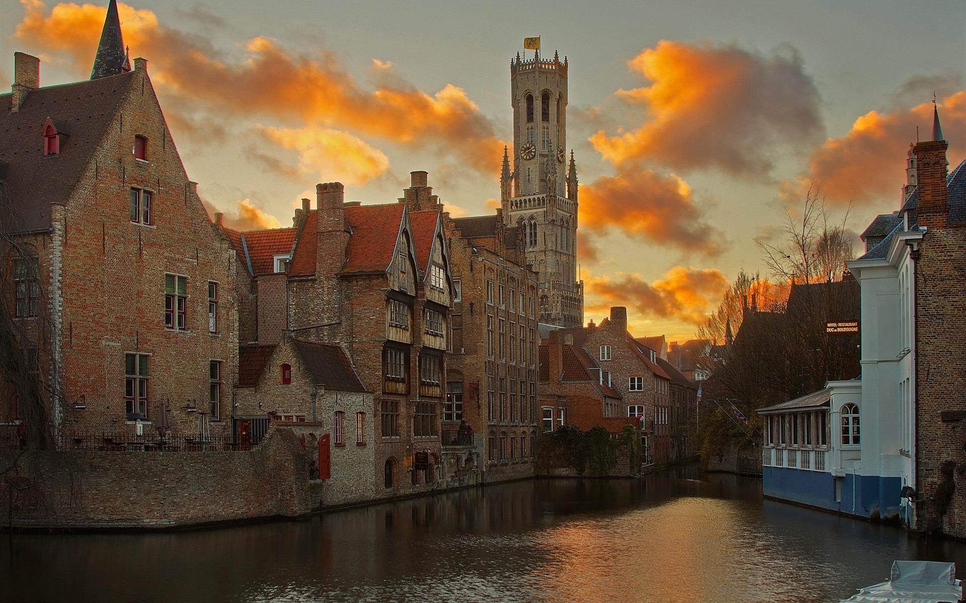 Wallpapers Bruges, Belgium, river, houses, clouds, dusk HD