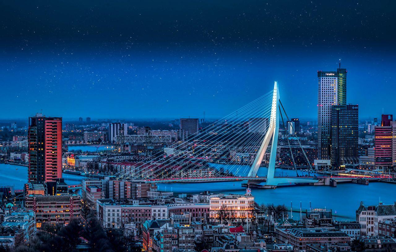 Wallpapers Netherlands Rotterdam Bridges Rivers Evening Cities Houses