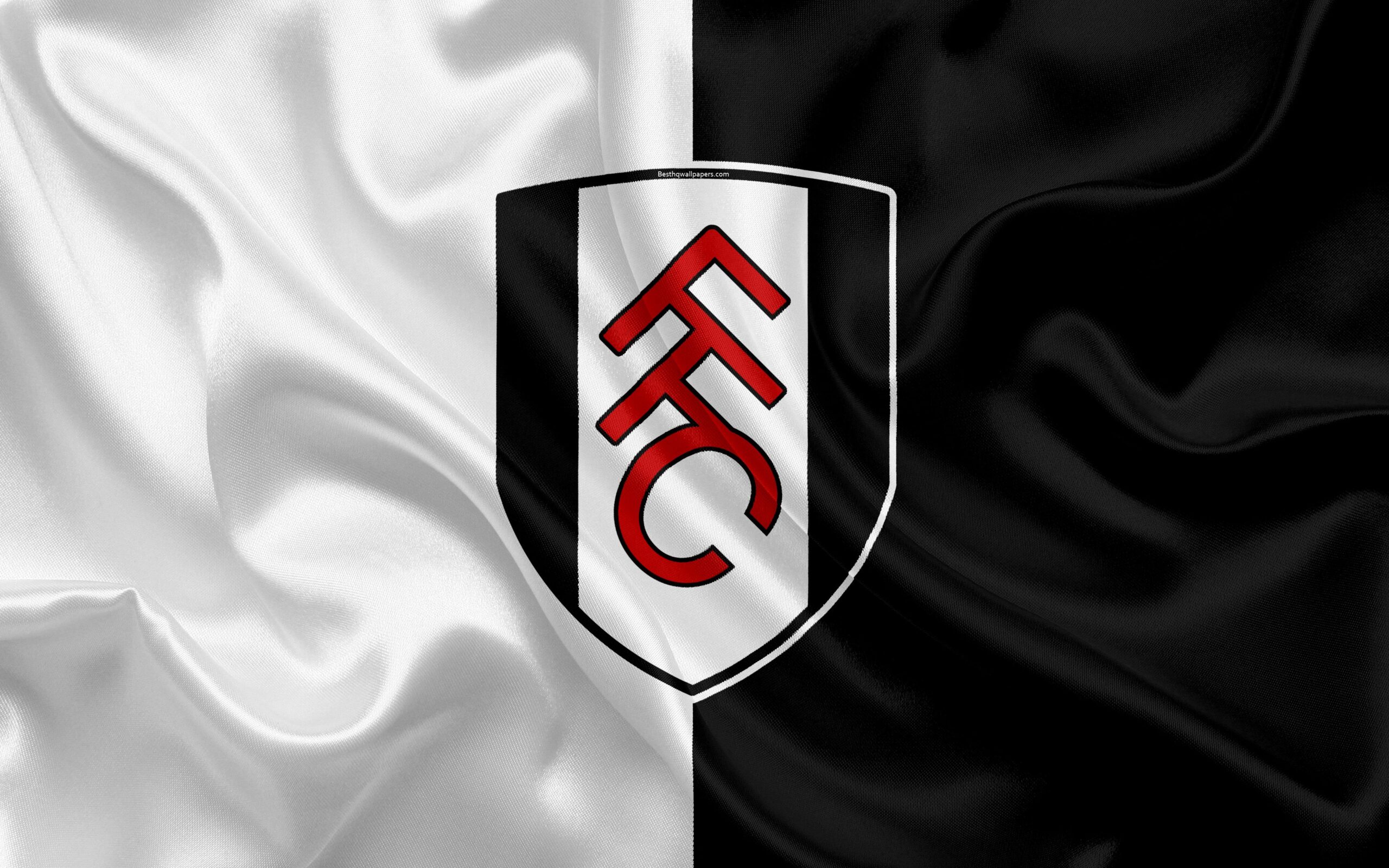 Download wallpapers Fulham FC, silk flag, emblem, logo, 4k, Fulham