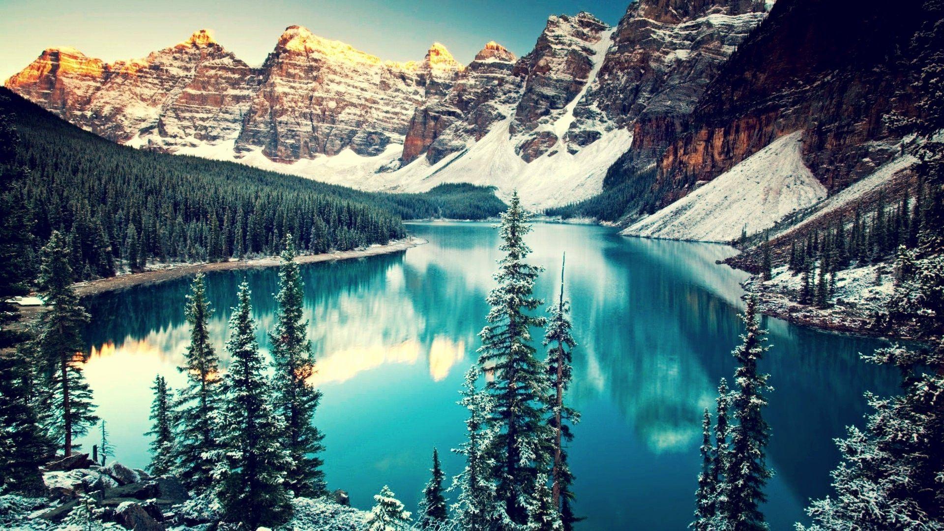 mountain, Trees, Snow, Water, Moraine Lake, Canada, Lake, Forest